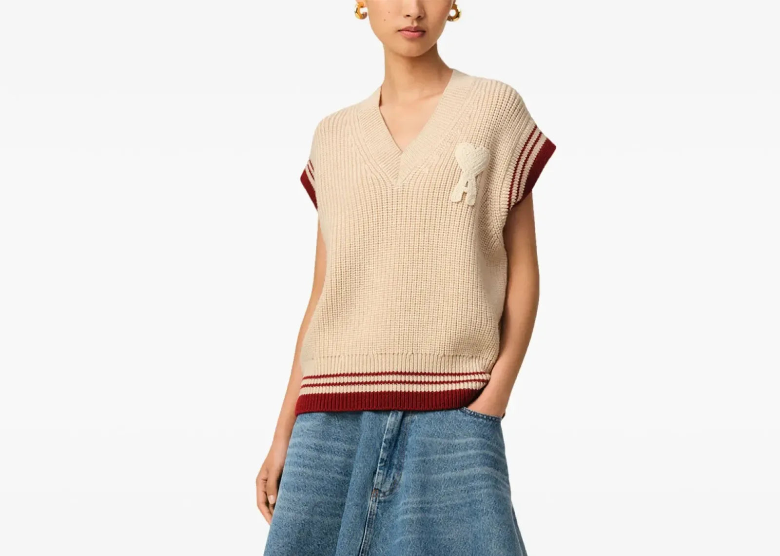 Ami Paris Ami De Coeur Knitted Vest Beige - Sneaker Türkiye