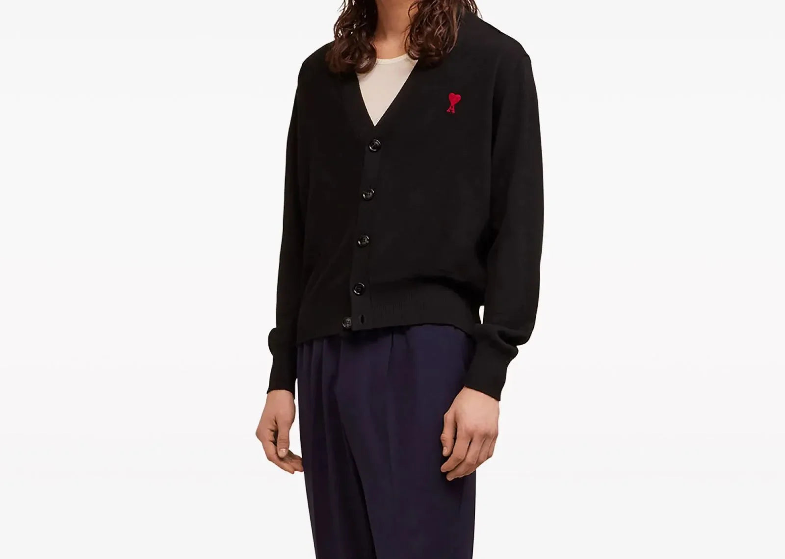 Ami Paris Logo Embroidered Wool Cardigan Black - Sneaker Türkiye