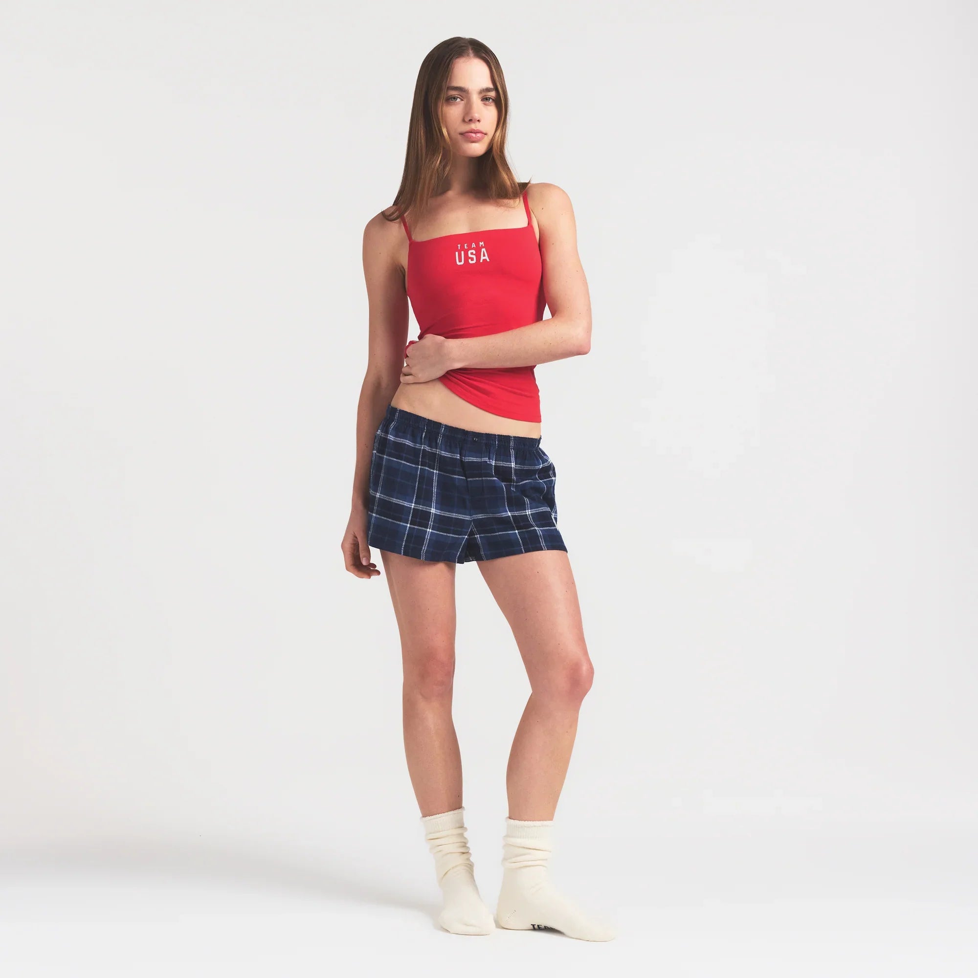 SKIMS FOR TEAM USA FLANNEL SLEEP OLYMPIC SHORT | NAVY PLAID - Sneaker Türkiye