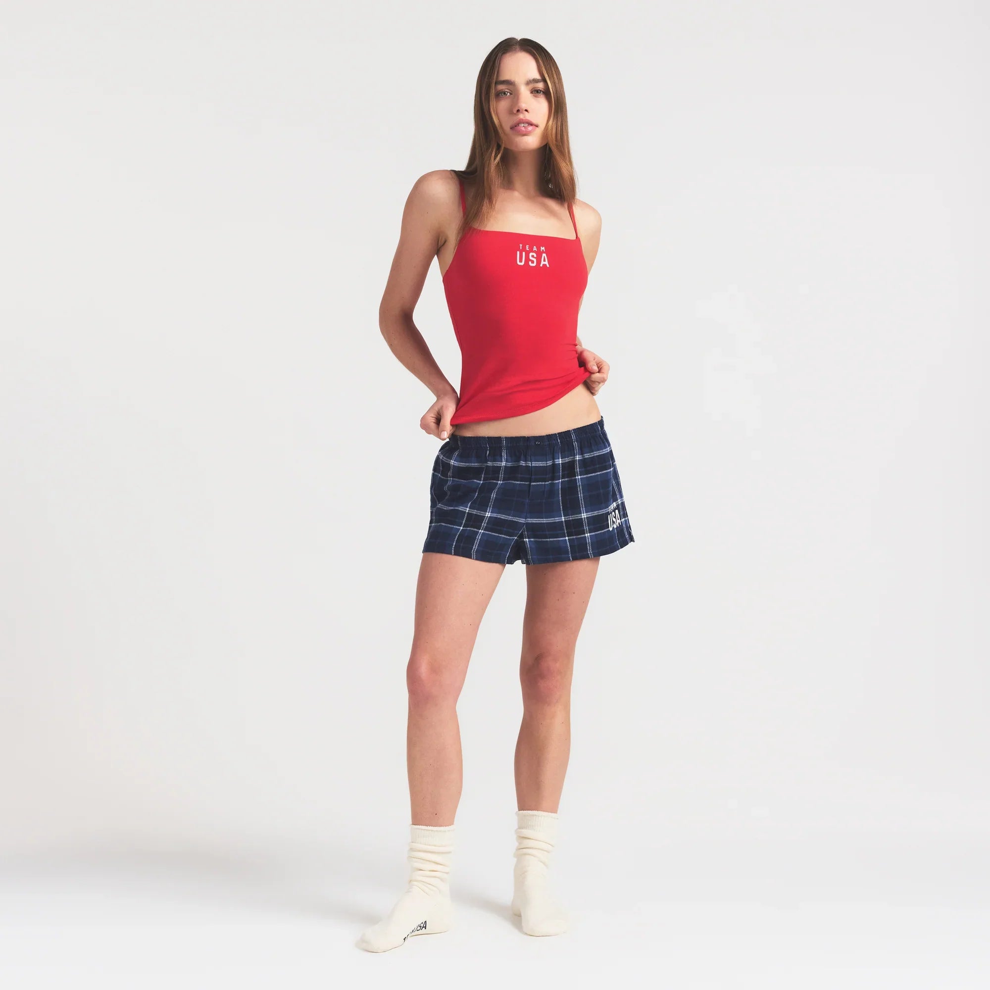 SKIMS FOR TEAM USA FLANNEL SLEEP OLYMPIC SHORT | NAVY PLAID - Sneaker Türkiye
