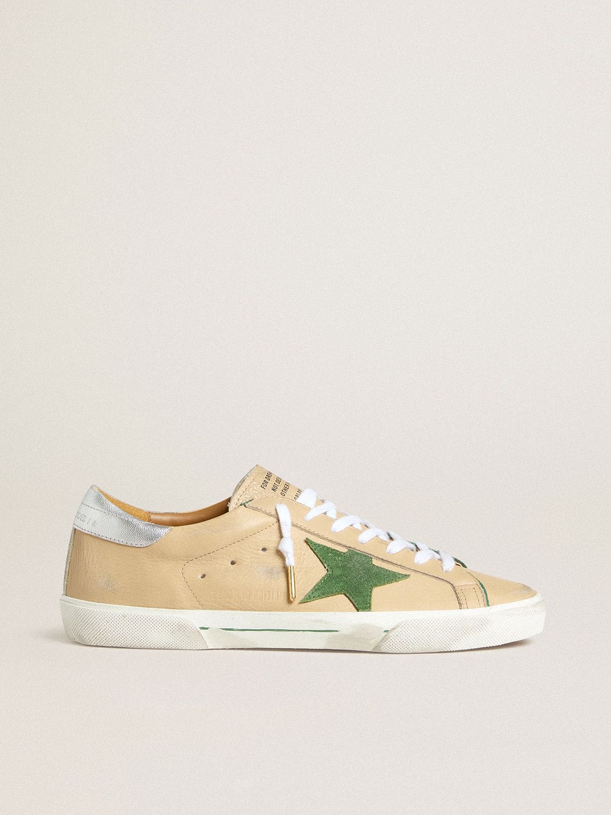 Golden Goose Super-Star LTD In Beige Leather With Green Suede Star And Silver Foiled Leather Heel Tab - Sneaker Türkiye