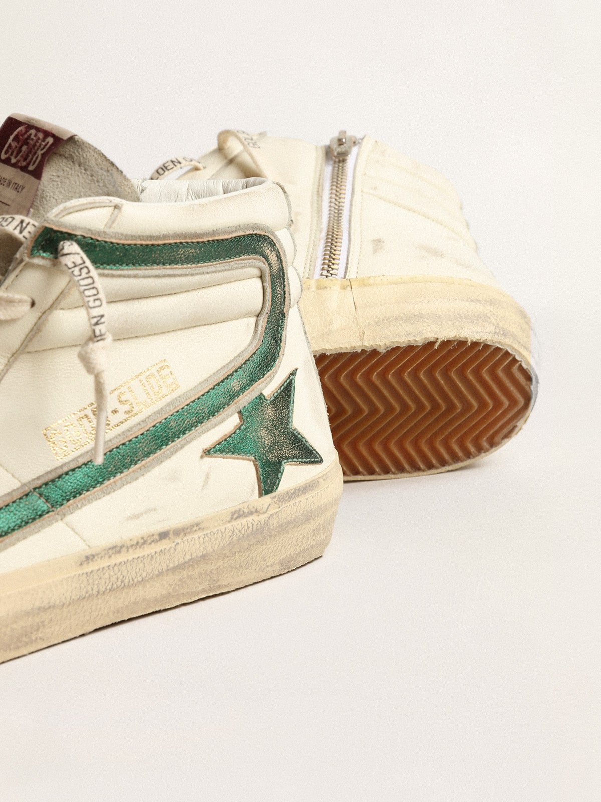 Golden Goose Slide In Beige Nappa With Green Laminated Leather Star And Flash - Sneaker Türkiye