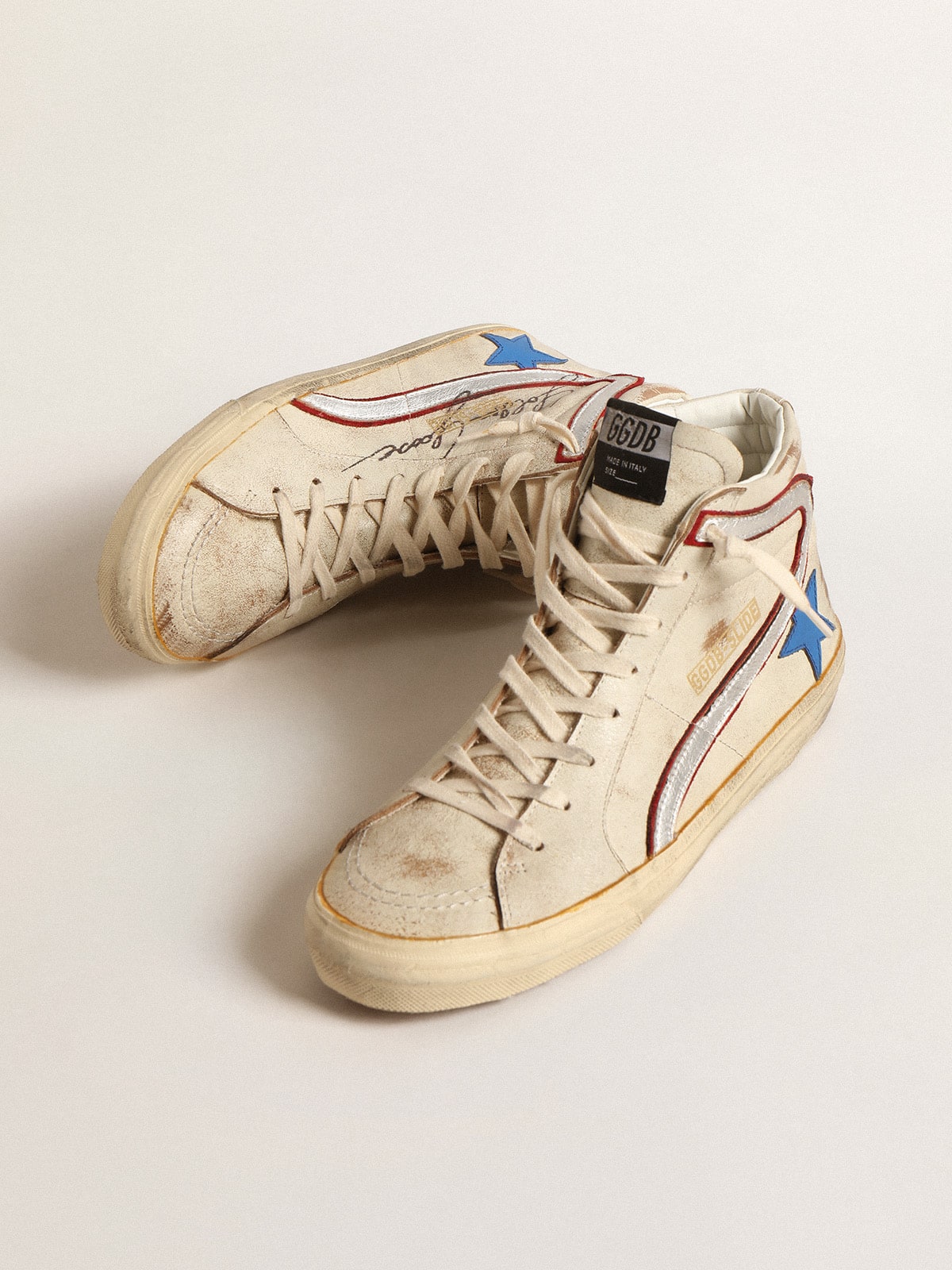 Golden Goose Men’s Slide With Light Blue Leather Star And Metallic Silver Leather Flash - Sneaker Türkiye