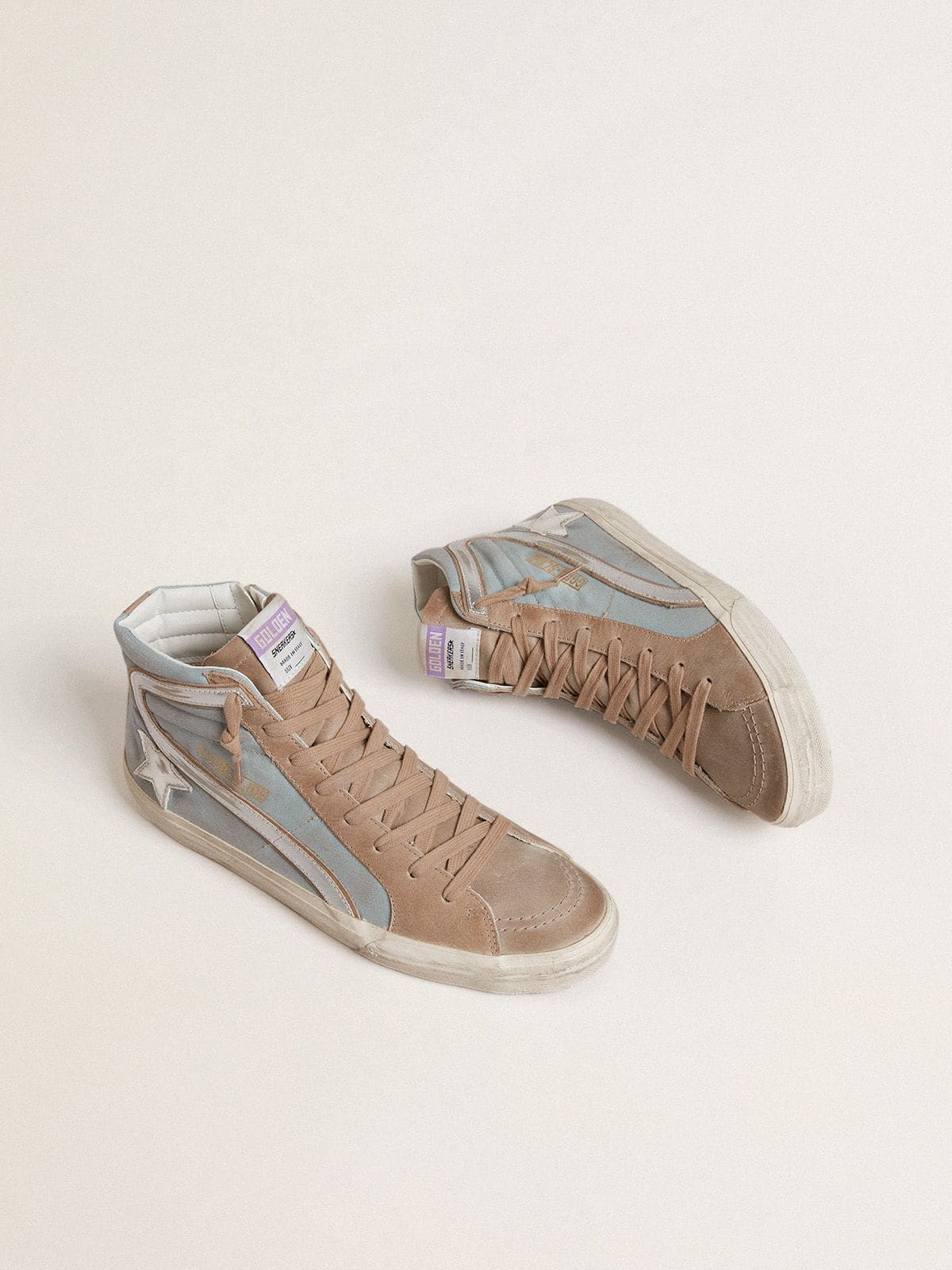 Golden Goose Men’s Slide In Light Blue Canvas With Silver Metallic Leather Flash - Sneaker Türkiye