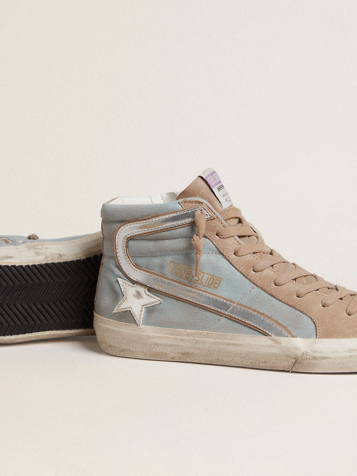 Golden Goose Men’s Slide In Light Blue Canvas With Silver Metallic Leather Flash - Sneaker Türkiye