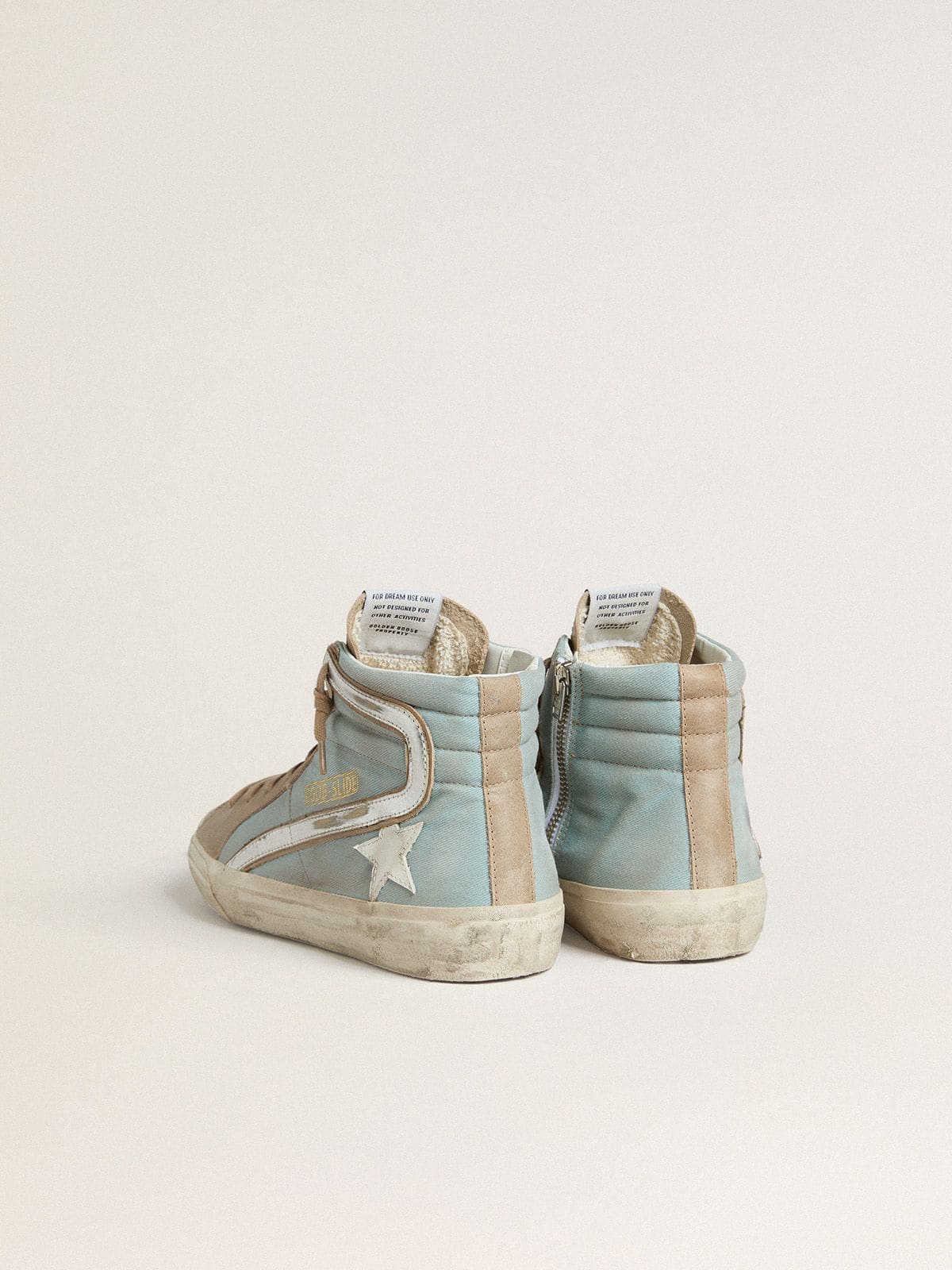 Golden Goose Men’s Slide In Light Blue Canvas With Silver Metallic Leather Flash - Sneaker Türkiye