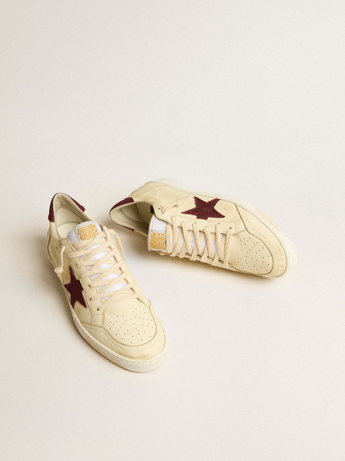 Golden Goose Men’s Ball Star In Beige Nappa With Burgundy Mesh Star And Heel Tab - Sneaker Türkiye