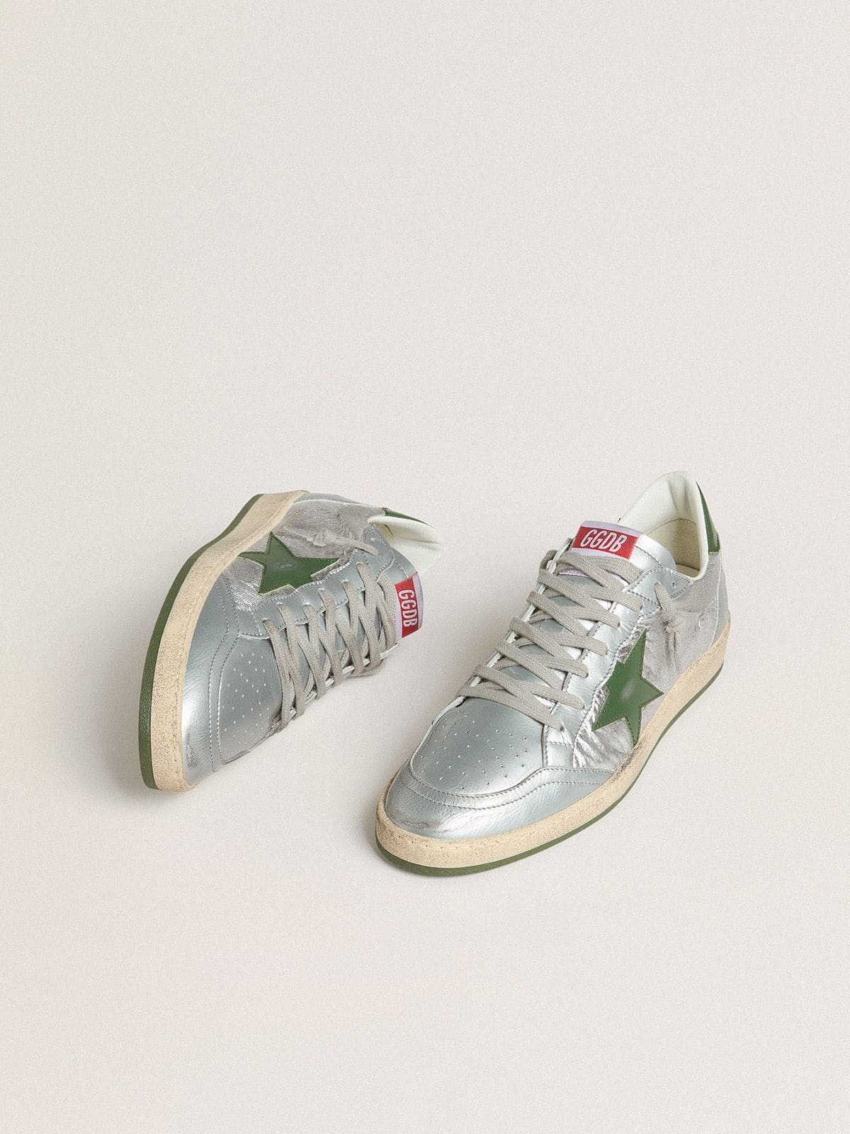 Golden Goose Men’s Ball Star In Silver Nylon With Green Leather Star And Heel Tab - Sneaker Türkiye