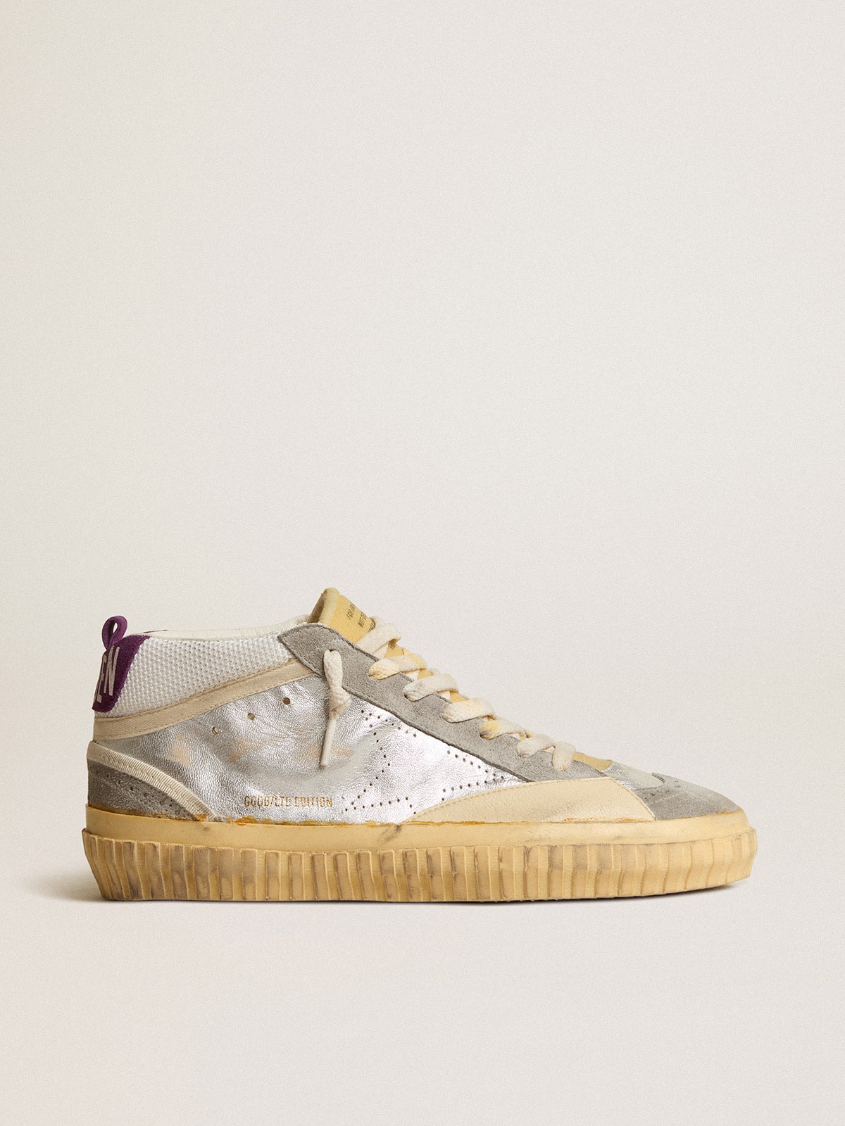 Golden Goose Mid Star LAB In Silver Metallic Leather And Mesh With Perforated Star - Sneaker Türkiye