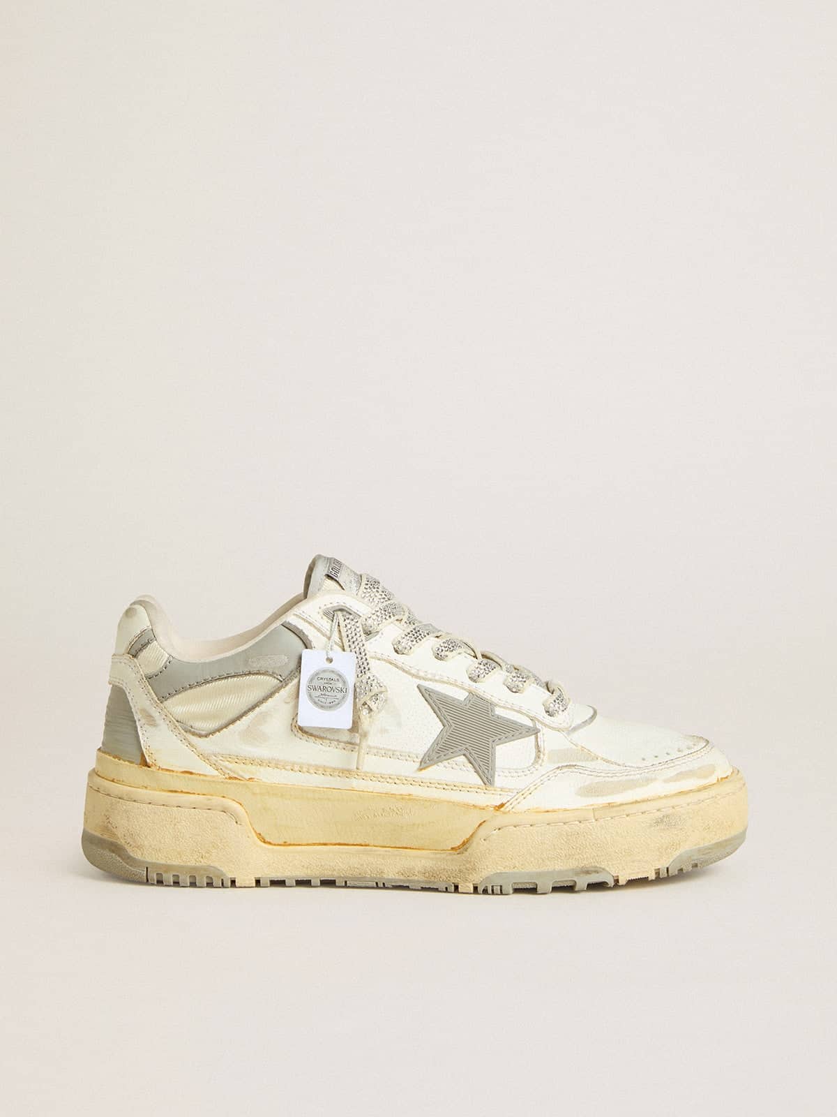 Golden Goose Men’s Forty2 In White Leather With Laces With Swarovski Crystals And Gray TPU Star - Sneaker Türkiye