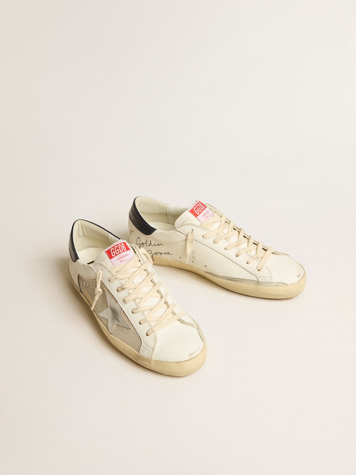 Golden Goose Men’s Super-Star LTD In Mesh And Leather With Silver Star And Blue Heel Tab - Sneaker Türkiye