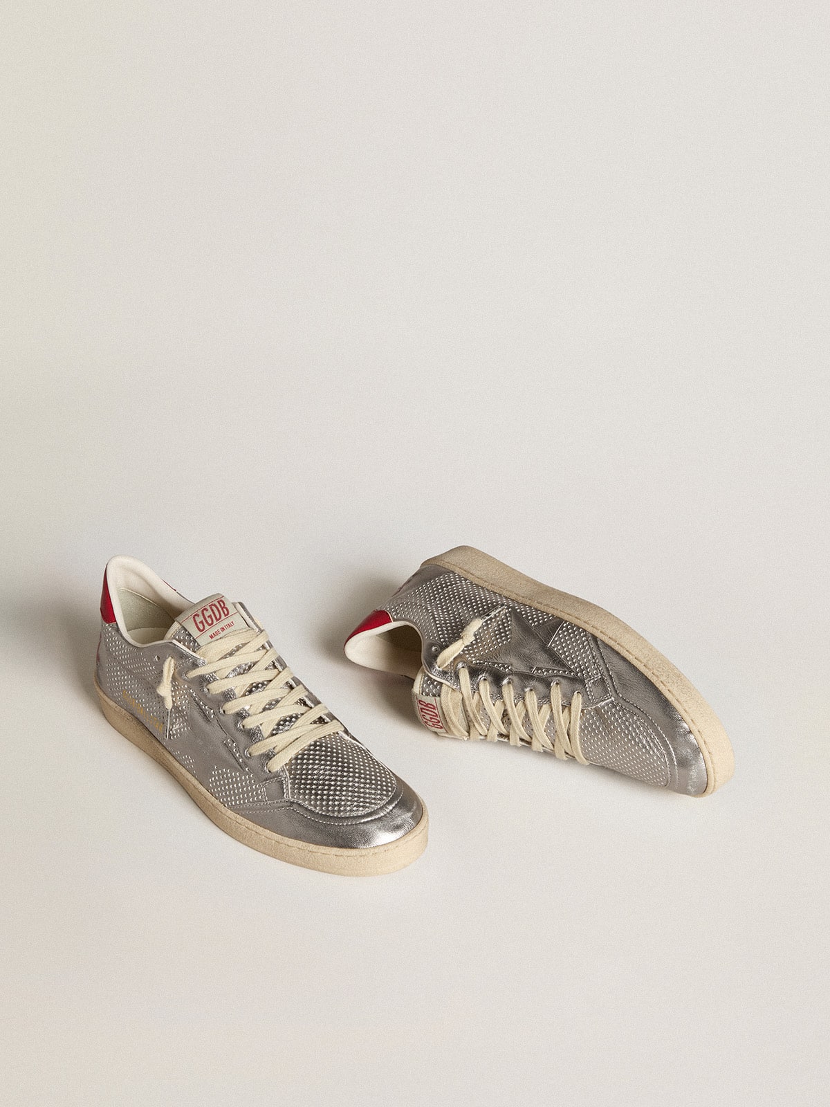 Golden Goose Bio-Based Ball Star In Metallic Silver With Silver Star And Red Heel Tab - Sneaker Türkiye