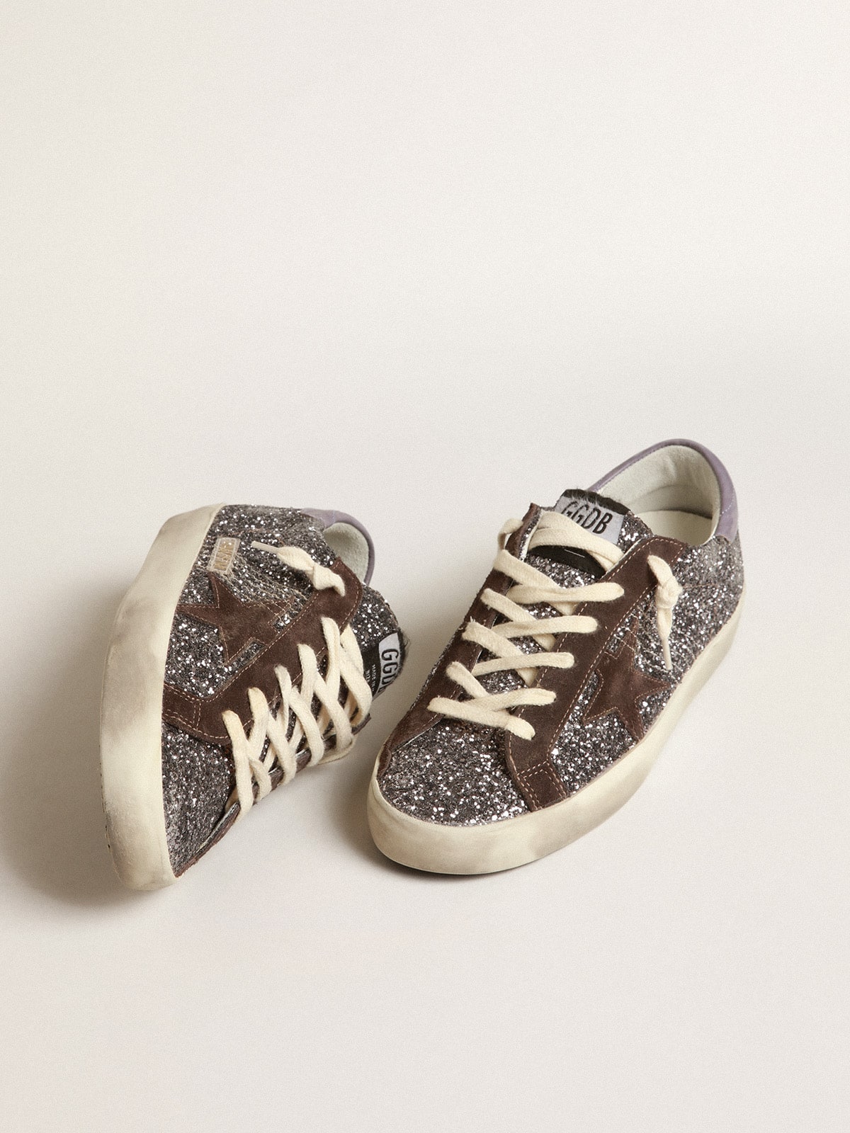 Golden Goose Super-Star In Glitter With A Brown Star And Lilac Heel Tab - Sneaker Türkiye