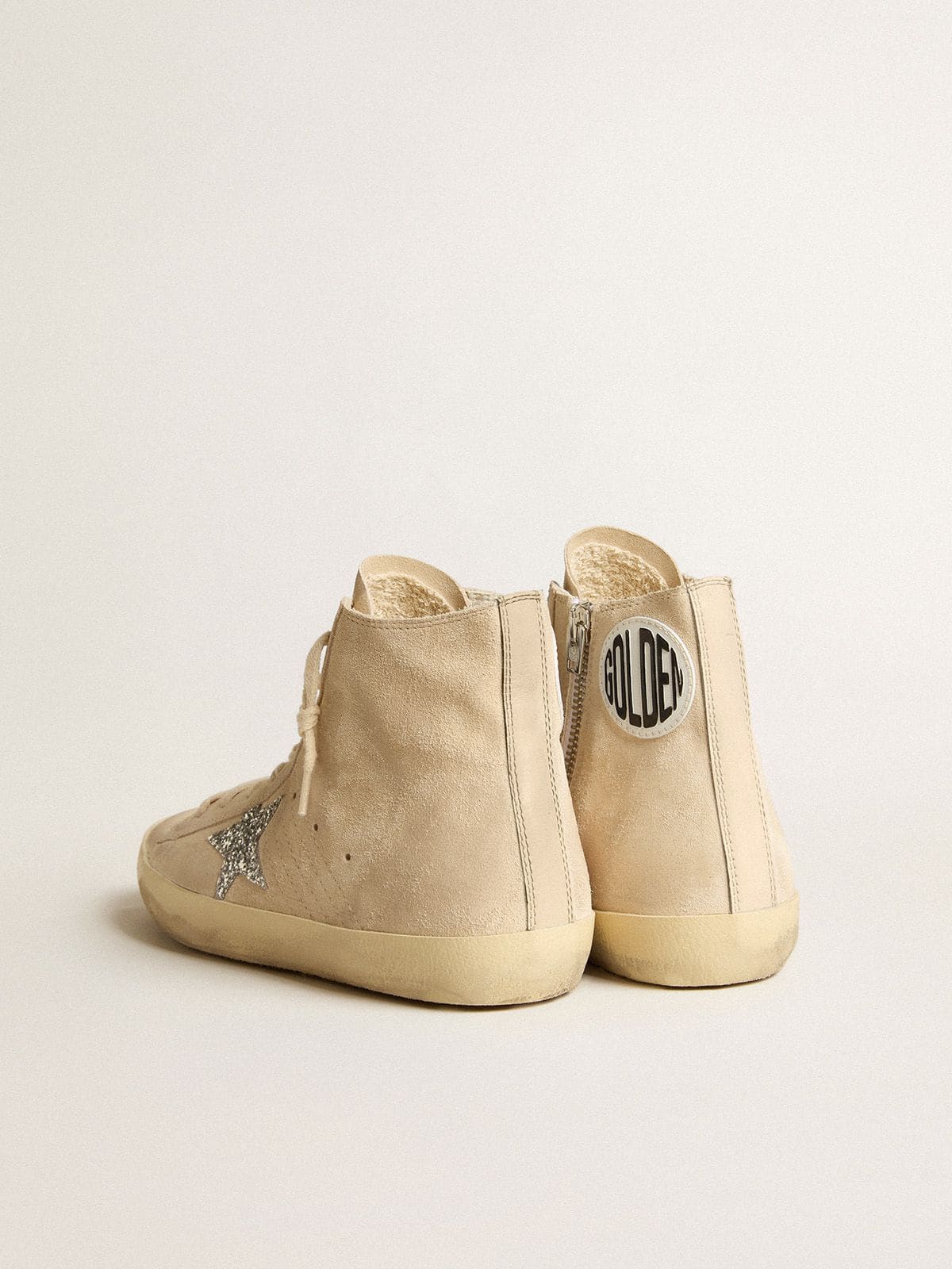 Golden Goose Women’s Francy In Beige Suede With Silver Glitter Star - Sneaker Türkiye