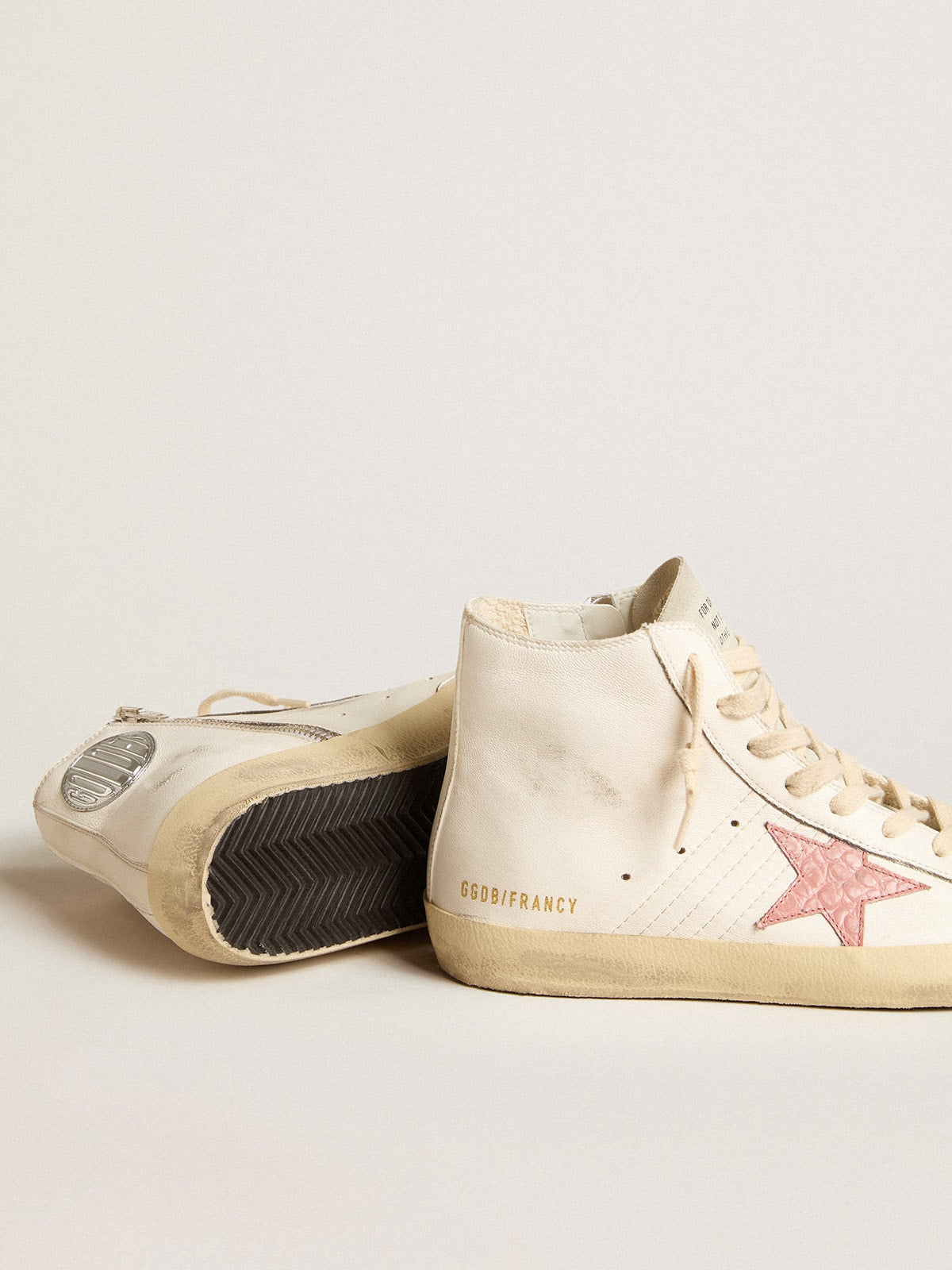 Golden Goose Francy In Cream Nappa With Pink Crocodile-Print Leather Star - Sneaker Türkiye