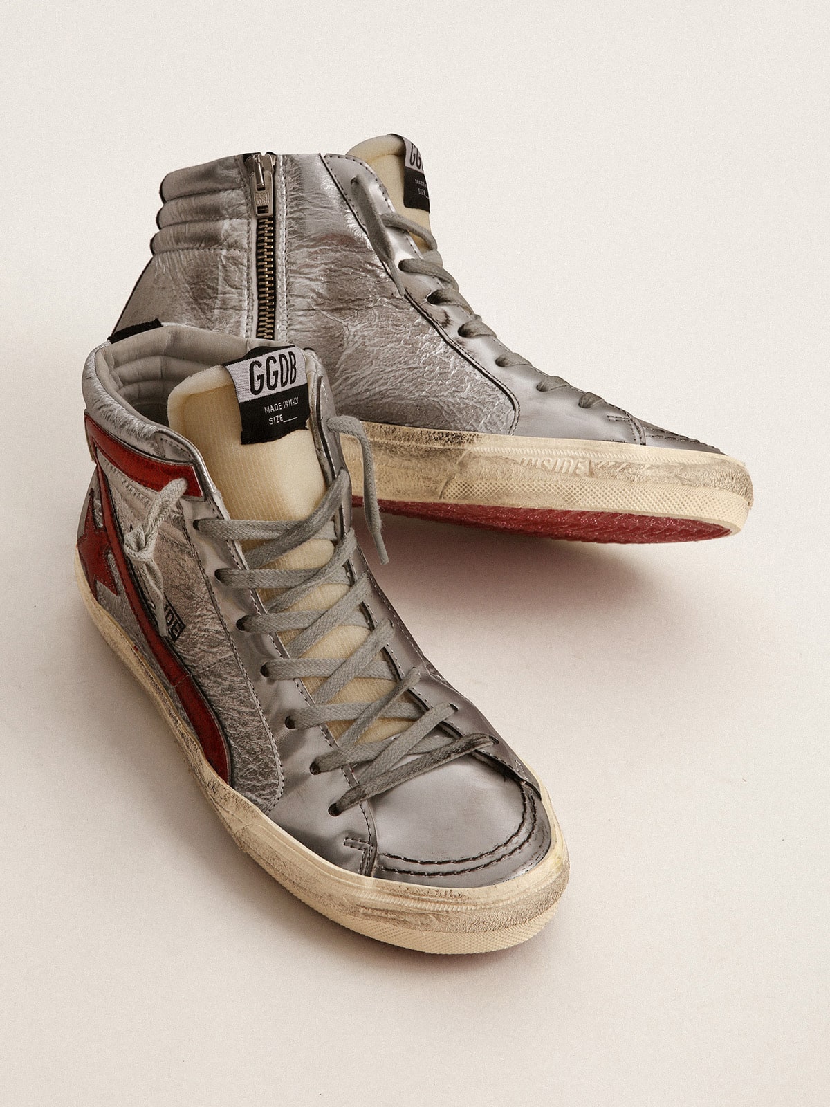 Golden Goose Women’s Slide With Silver Metallic Leather Upper And Red Metallic Leather Flash - Sneaker Türkiye
