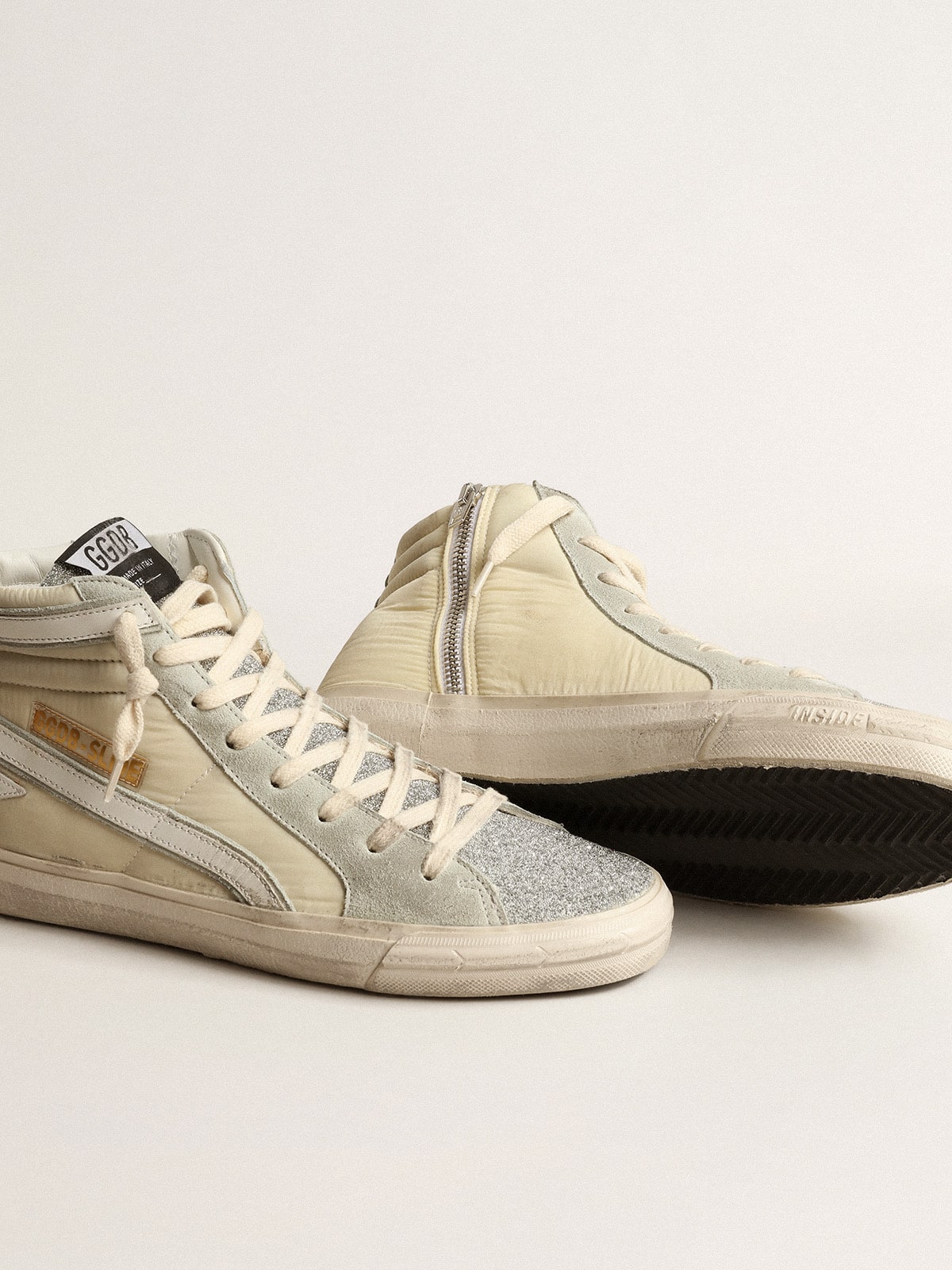 Golden Goose Slide In Ivory Nylon With White Leather Star And Swaroski Tongue - Sneaker Türkiye