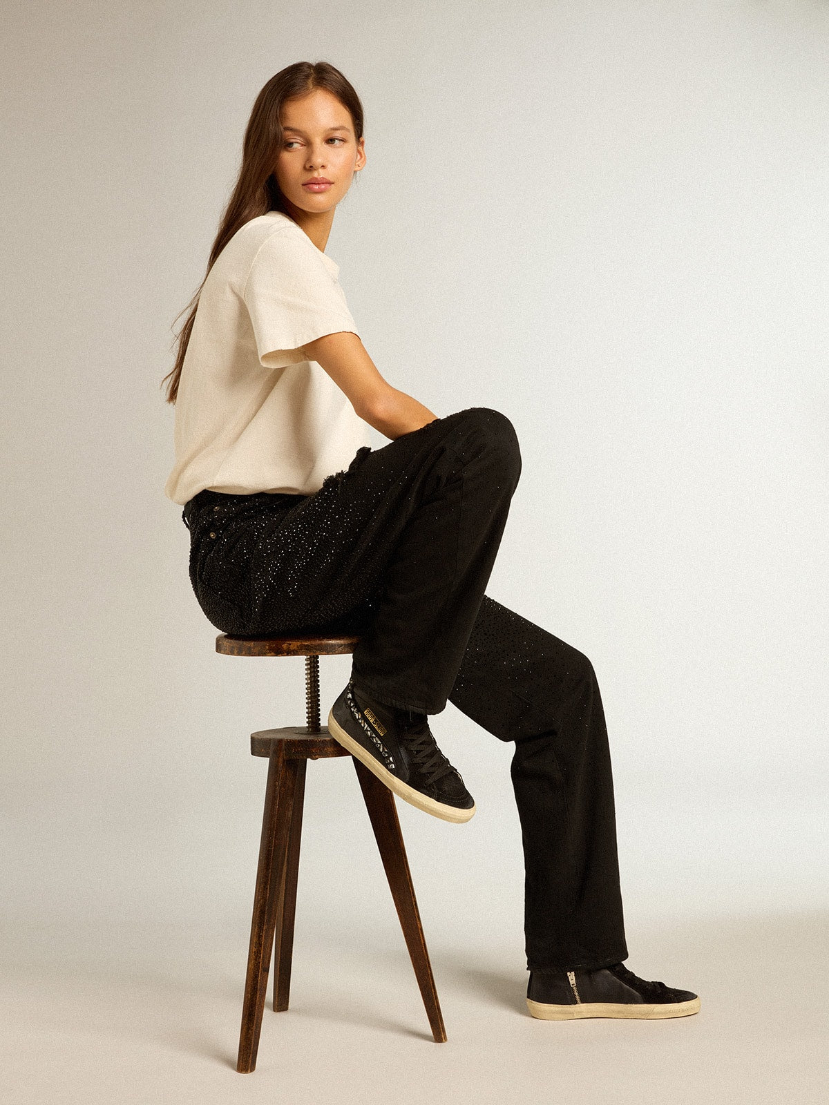 Golden Goose Slide In Leather With Black Star And Swarovski Crystal Flash - Sneaker Türkiye