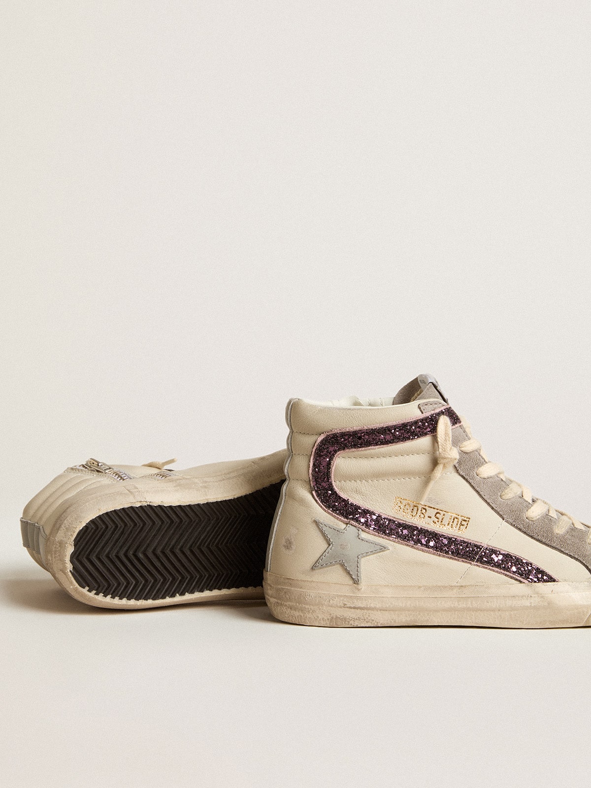 Golden Goose Slide With Gray Leather Star And Wine-Colored Glitter Flash - Sneaker Türkiye