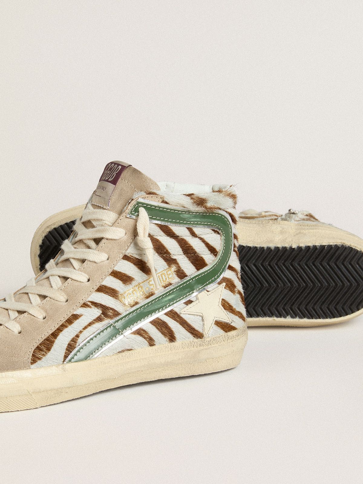 Golden Goose Women’s Slide In Zebra-Print Pony Skin With Green Laminated Leather Flash - Sneaker Türkiye