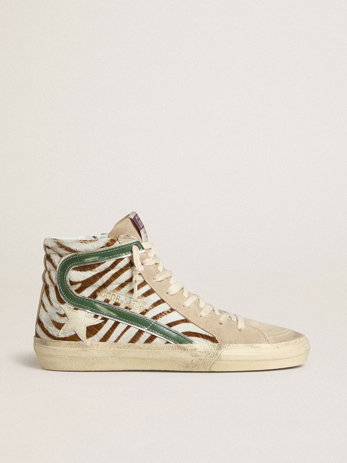 Golden Goose Women’s Slide In Zebra-Print Pony Skin With Green Laminated Leather Flash - Sneaker Türkiye