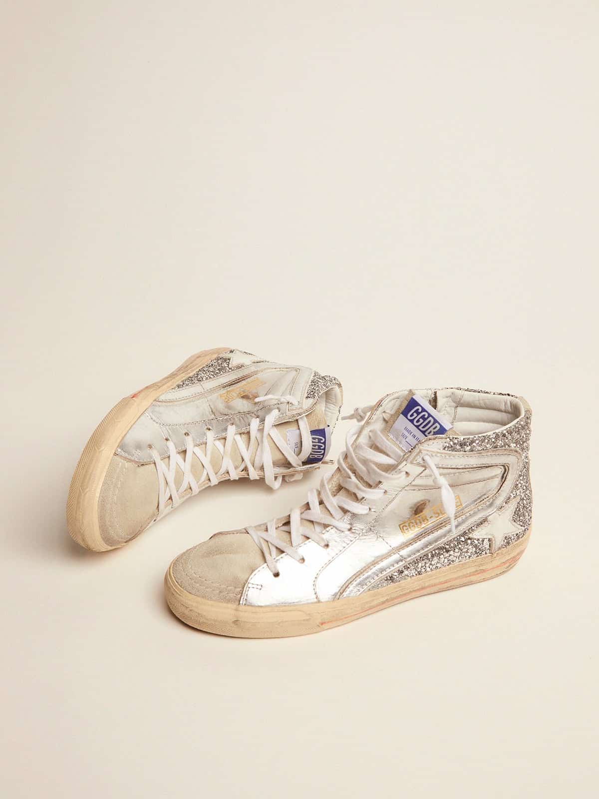 Golden Goose Women’s Slide With Laminated Leather Upper And Silver Glitter - Sneaker Türkiye