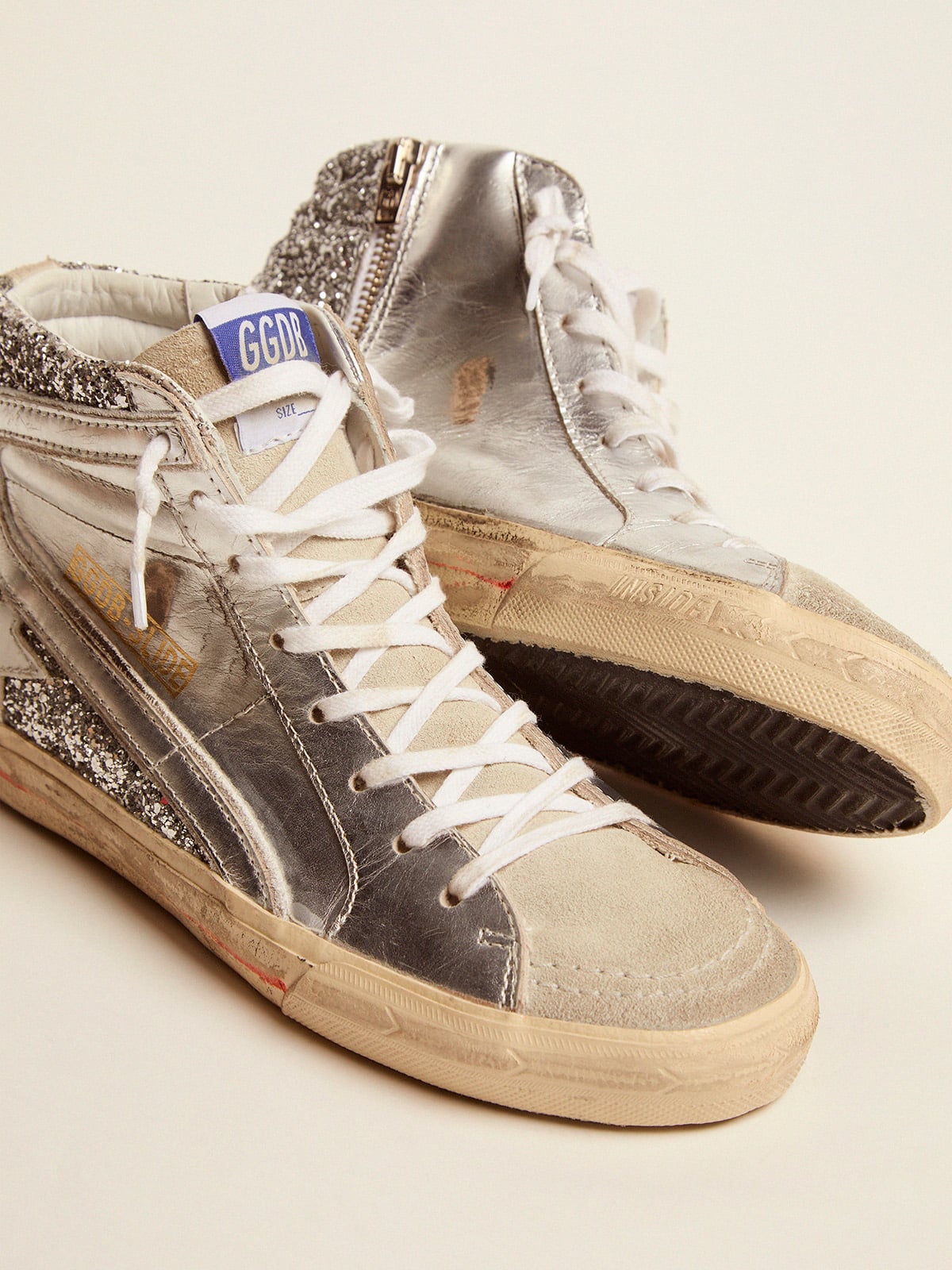 Golden Goose Women’s Slide With Laminated Leather Upper And Silver Glitter - Sneaker Türkiye