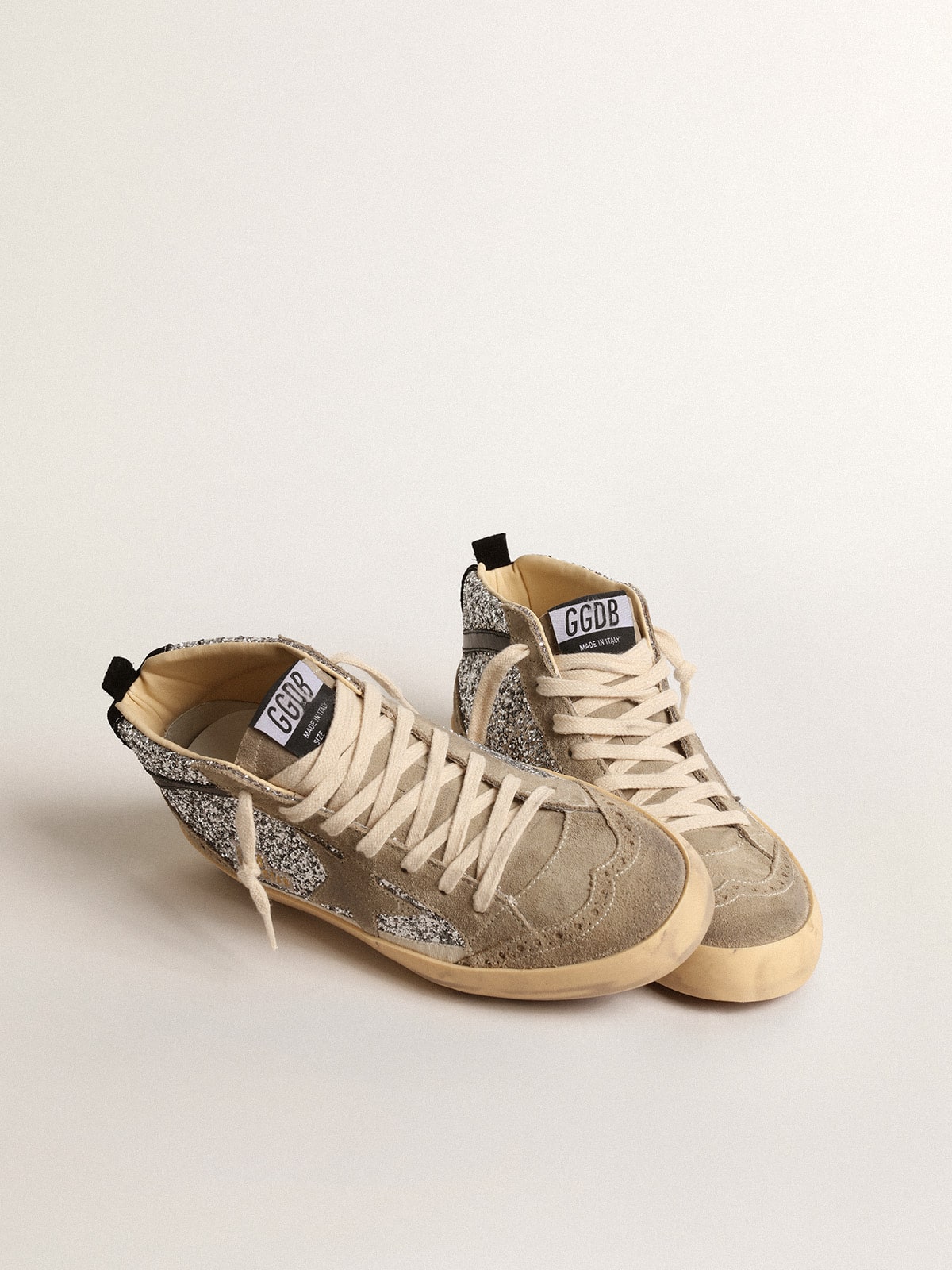Golden Goose Mid Star In Silver Glitter With Suede Star And Black Flash - Sneaker Türkiye