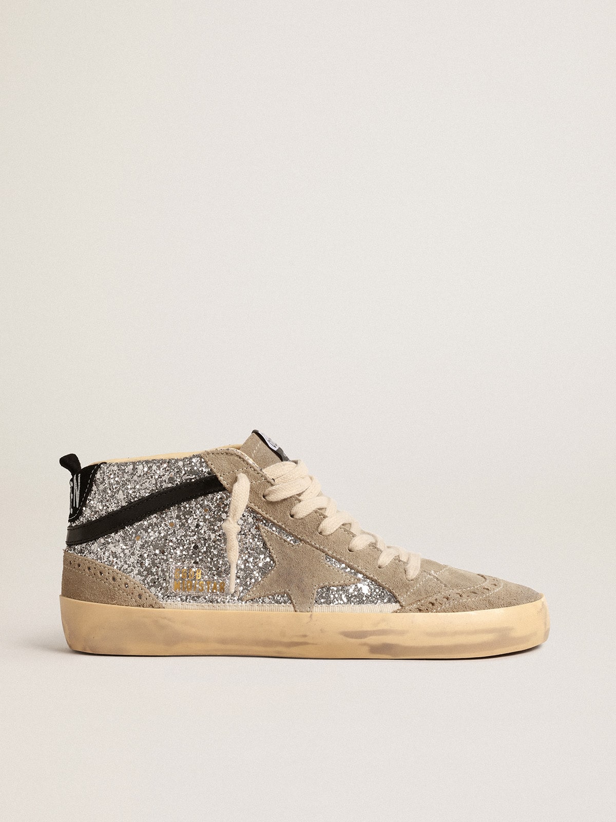 Golden Goose Mid Star In Silver Glitter With Suede Star And Black Flash - Sneaker Türkiye