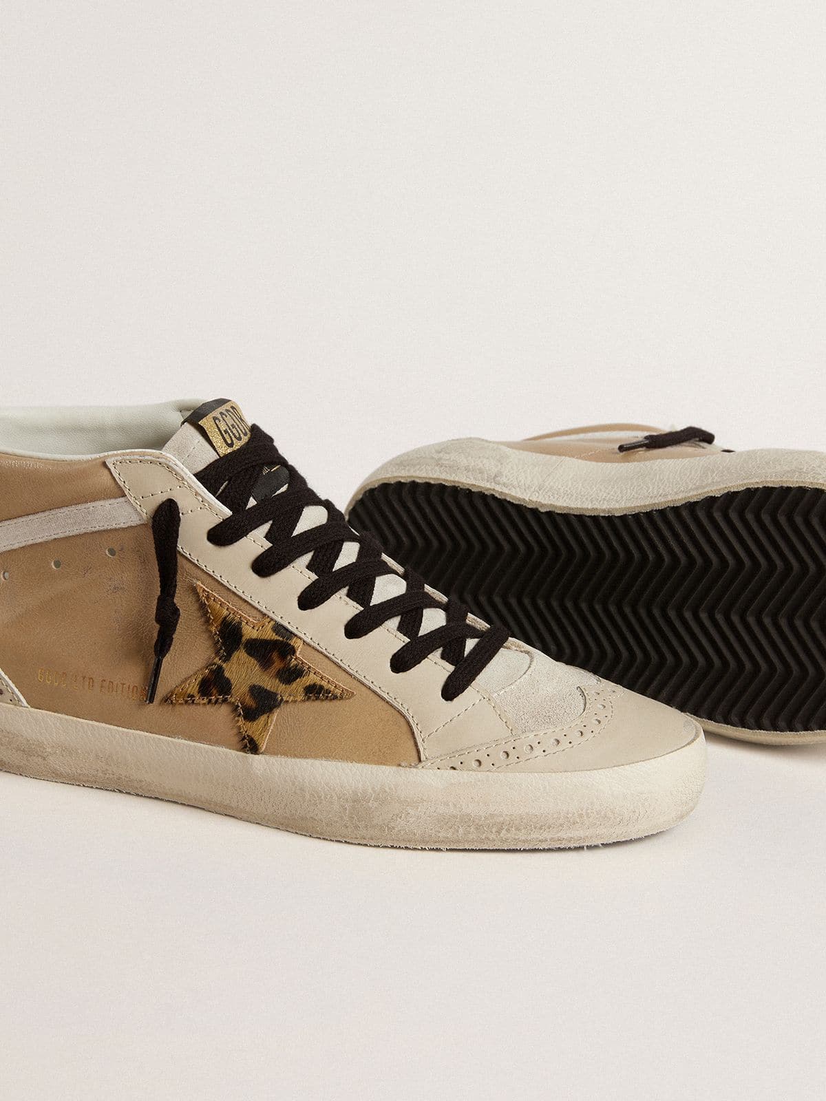 Golden Goose Women’s Mid Star In Beige Naplak Leather With Leopard-Print Pony Skin Star - Sneaker Türkiye