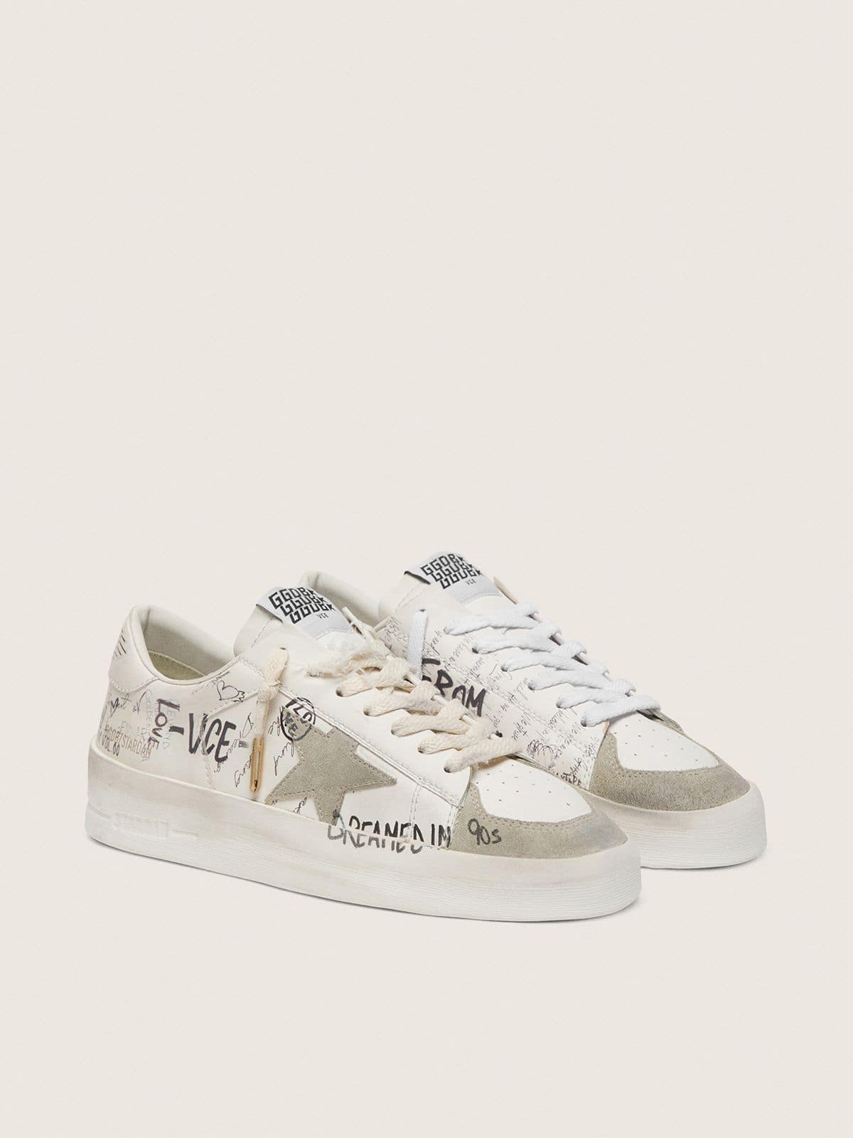Golden Goose Stardan With Beige Suede Star And Toe And All Over Lettering And Patterns - Sneaker Türkiye
