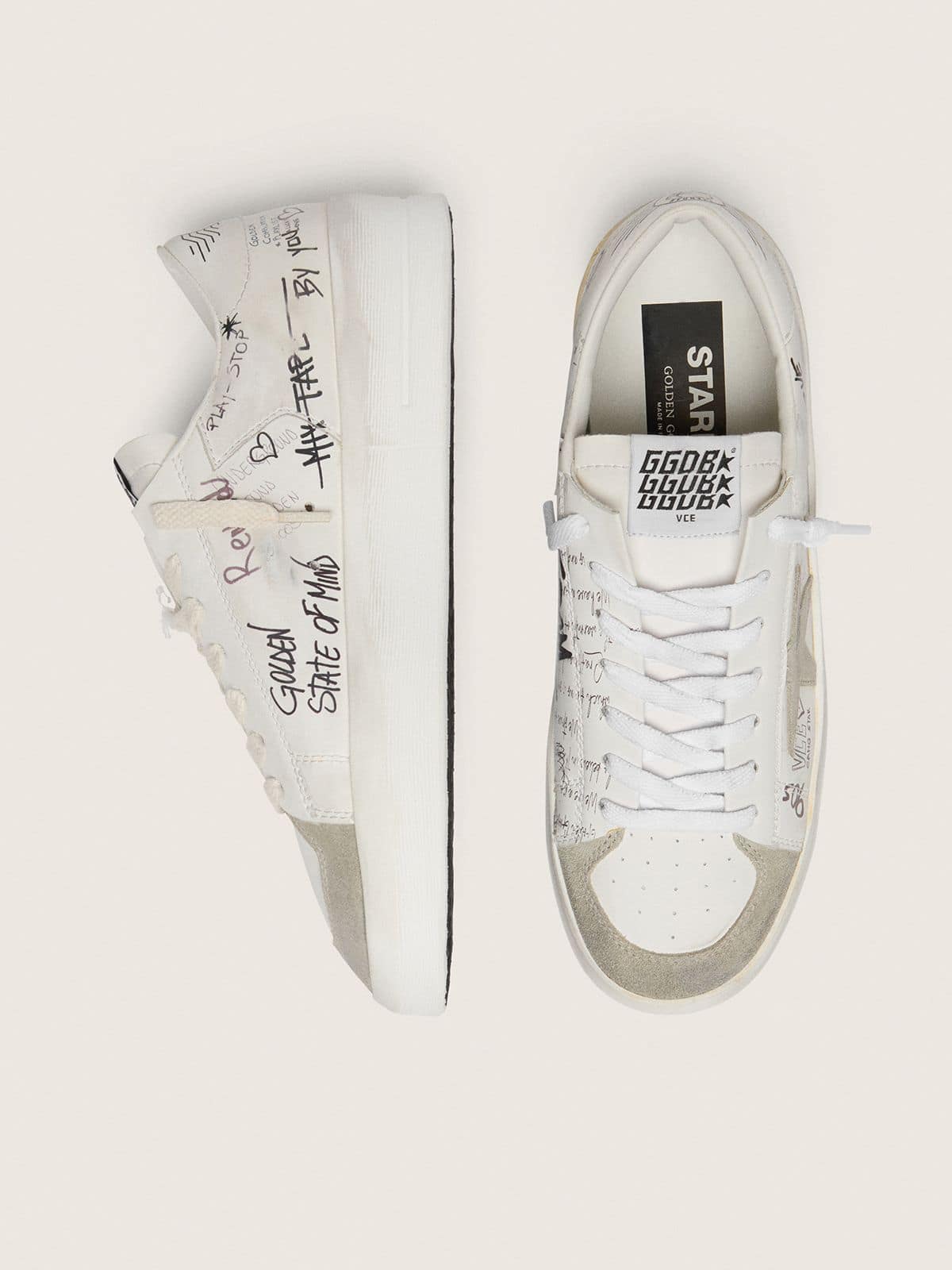 Golden Goose Stardan With Beige Suede Star And Toe And All Over Lettering And Patterns - Sneaker Türkiye