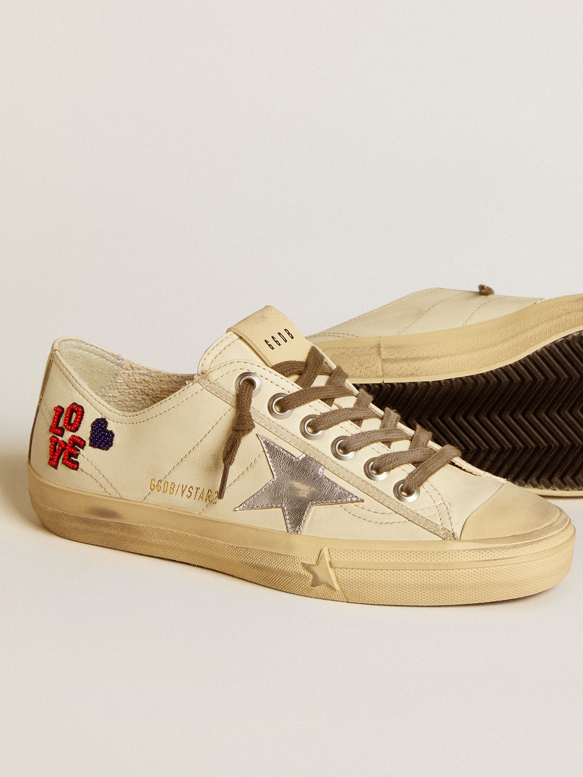 Golden Goose V-Star In Ecru Nappa With Silver Nappa Star And Beaded Embroidery - Sneaker Türkiye