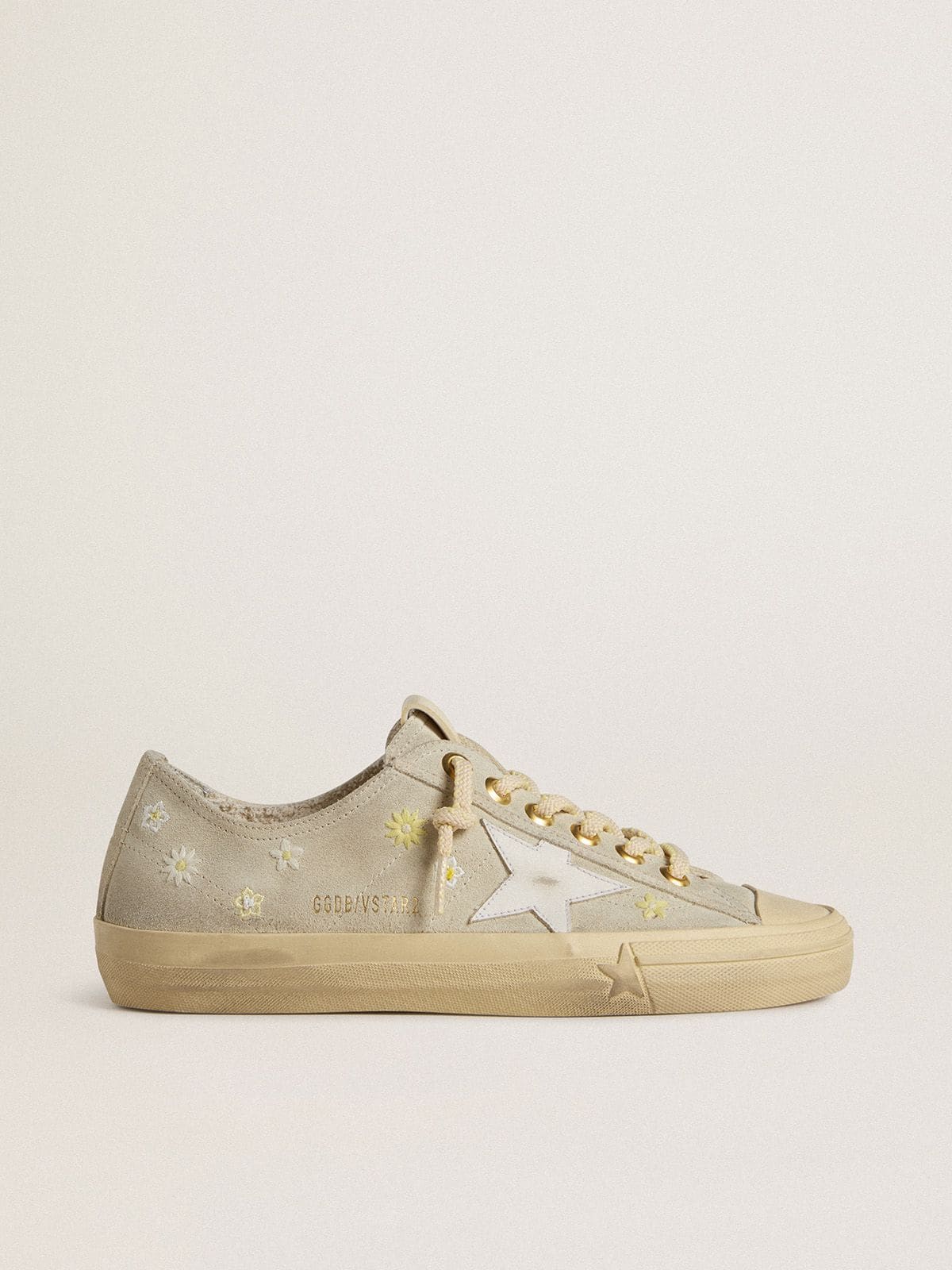 Golden Goose Women’s V-Star In Ice-Gray Suede With White Leather Star And Floral Embroidery - Sneaker Türkiye