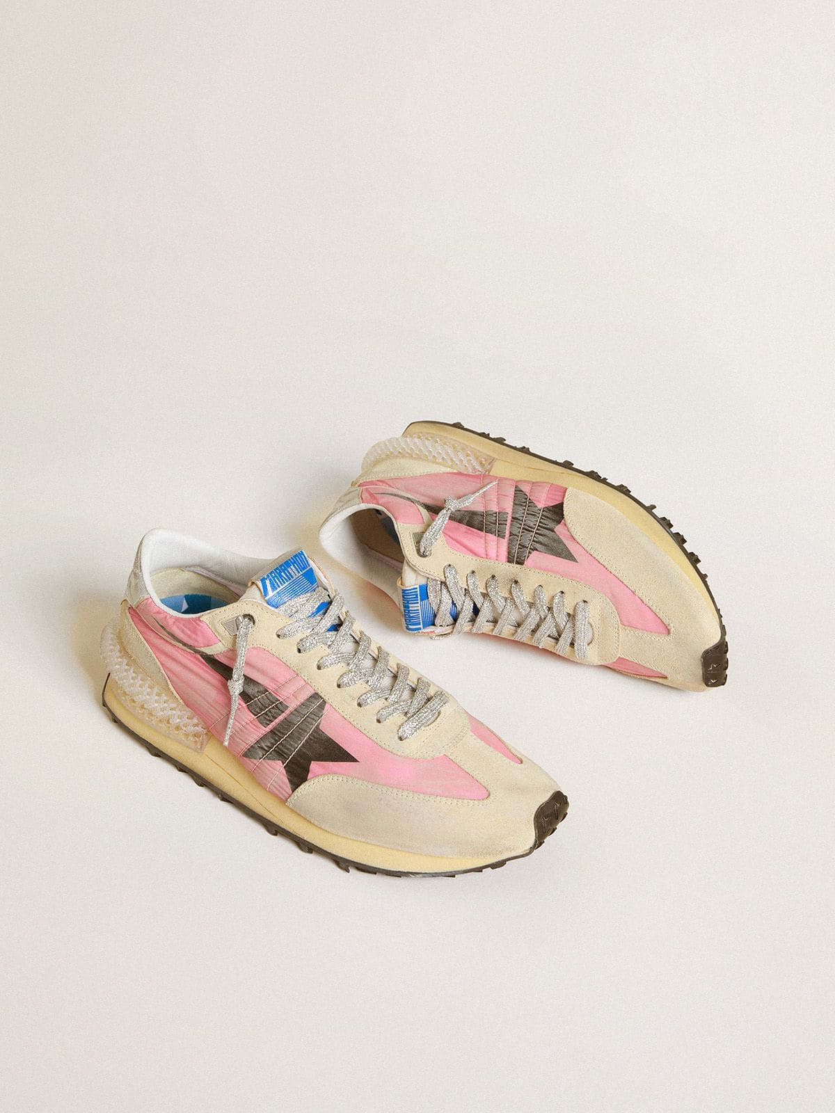 Golden Goose Women’s Marathon In Pink Nylon And Beige Suede With Black Printed Star - Sneaker Türkiye