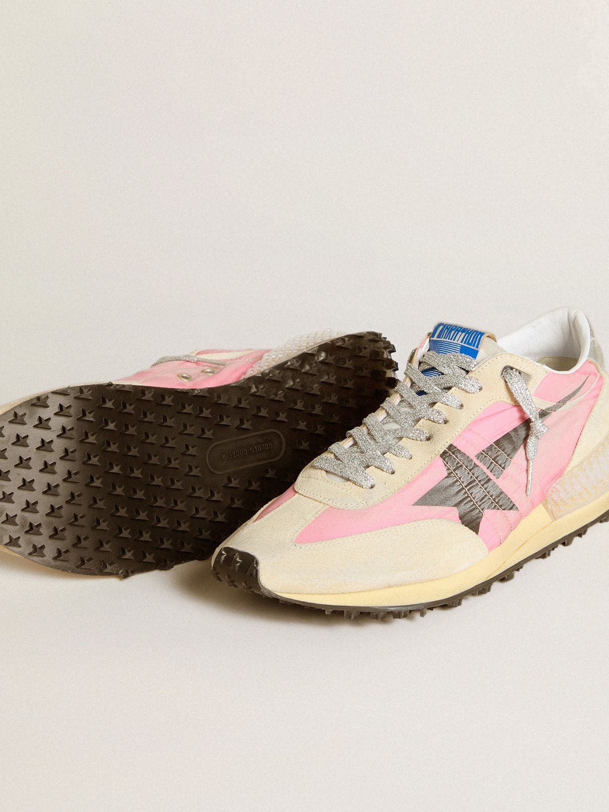 Golden Goose Women’s Marathon In Pink Nylon And Beige Suede With Black Printed Star - Sneaker Türkiye