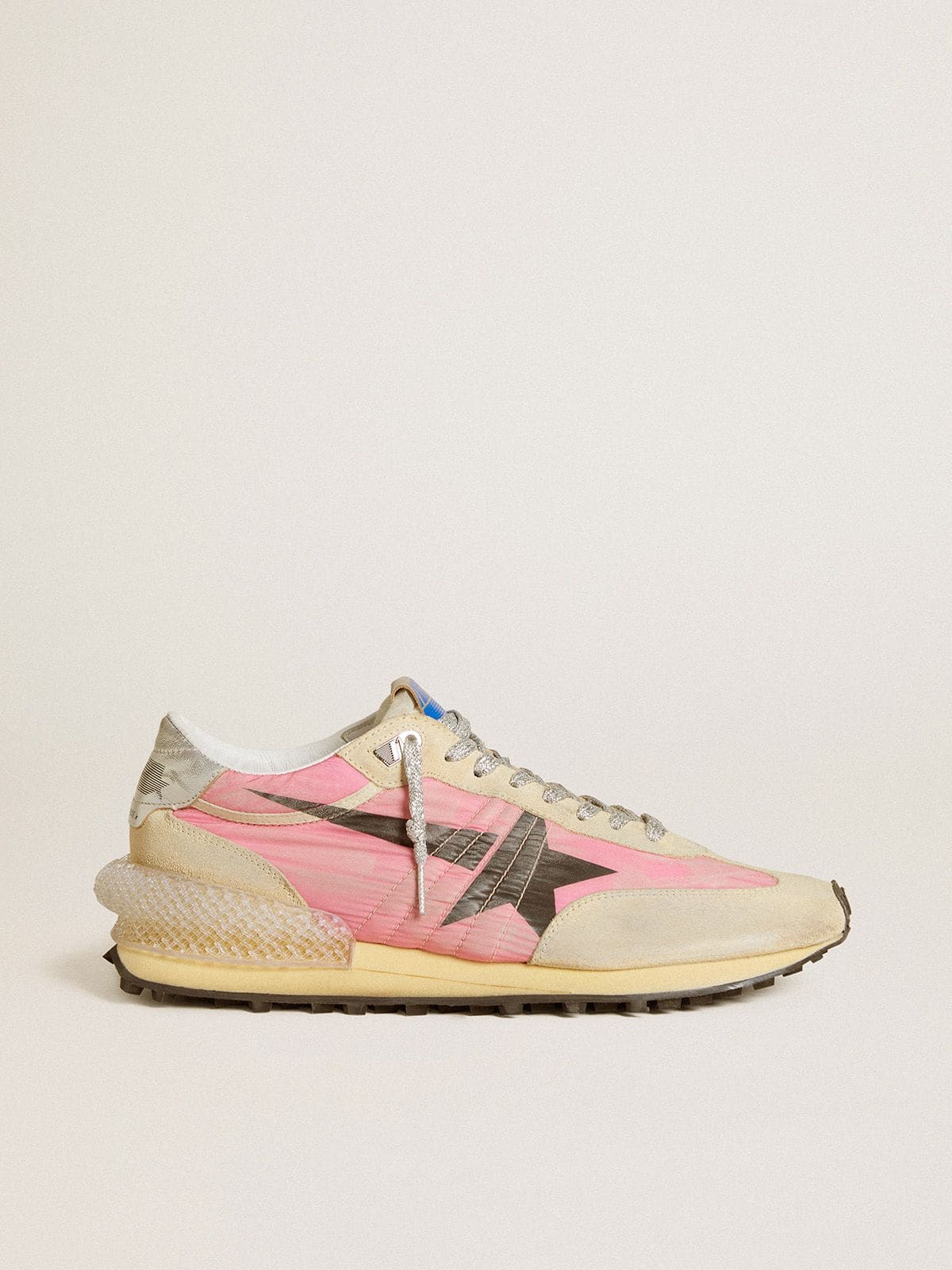 Golden Goose Women’s Marathon In Pink Nylon And Beige Suede With Black Printed Star - Sneaker Türkiye