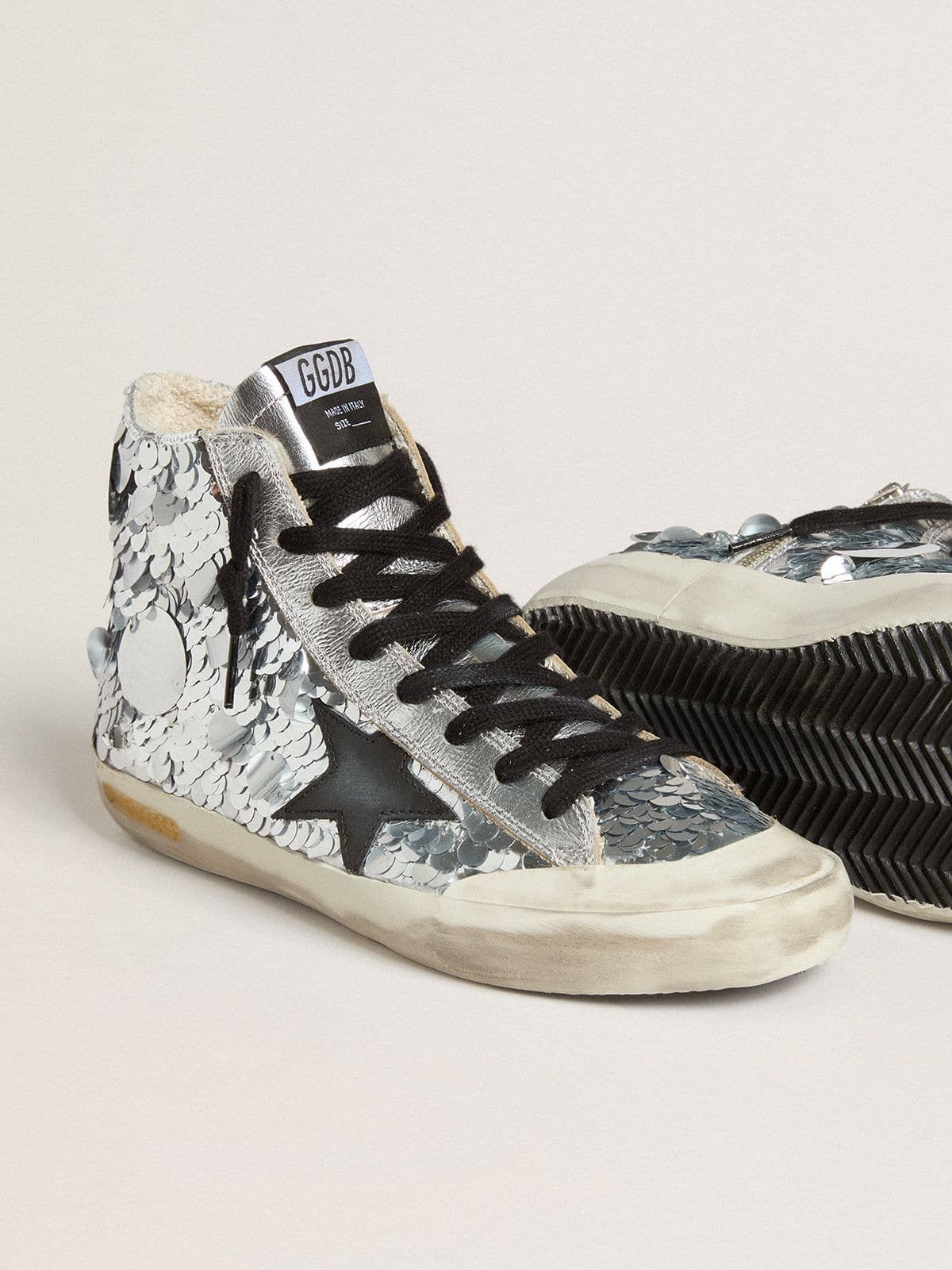 Golden Goose Women’s Francy In Nylon With All-Over Silver Sequins And Black Leather Star - Sneaker Türkiye