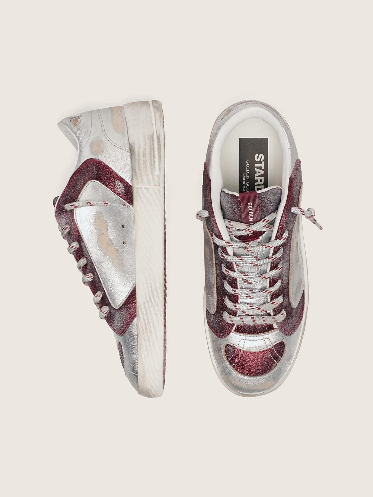 Golden Goose Women’s Stardan Lab In Burgundy And Silver Leather And Glitter - Sneaker Türkiye