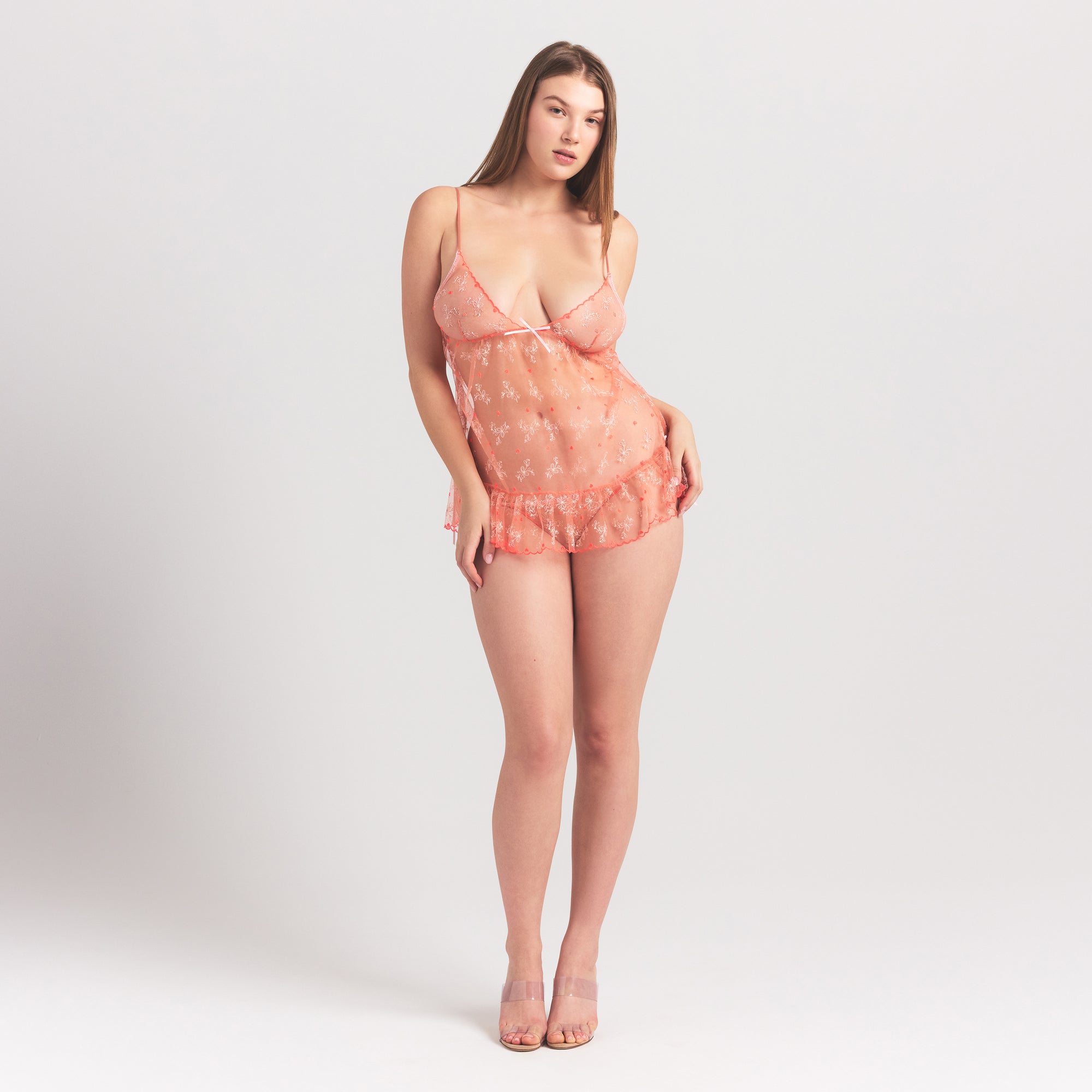 SKIMS EMBROIDERED TULLE MINI SLIP DRESS AND TANGA SET | GUAVA HEART TULLE - Sneaker Türkiye