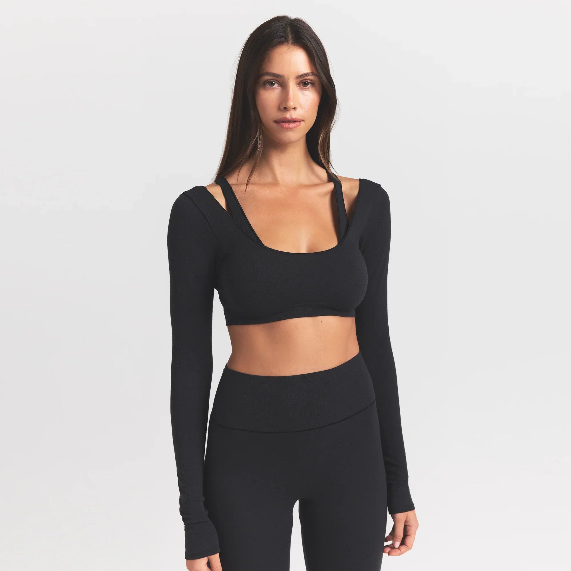 SKIMS WOOL RIB LONG SLEEVE SUPER CROPPED TOP | OBSIDIAN - Sneaker Türkiye