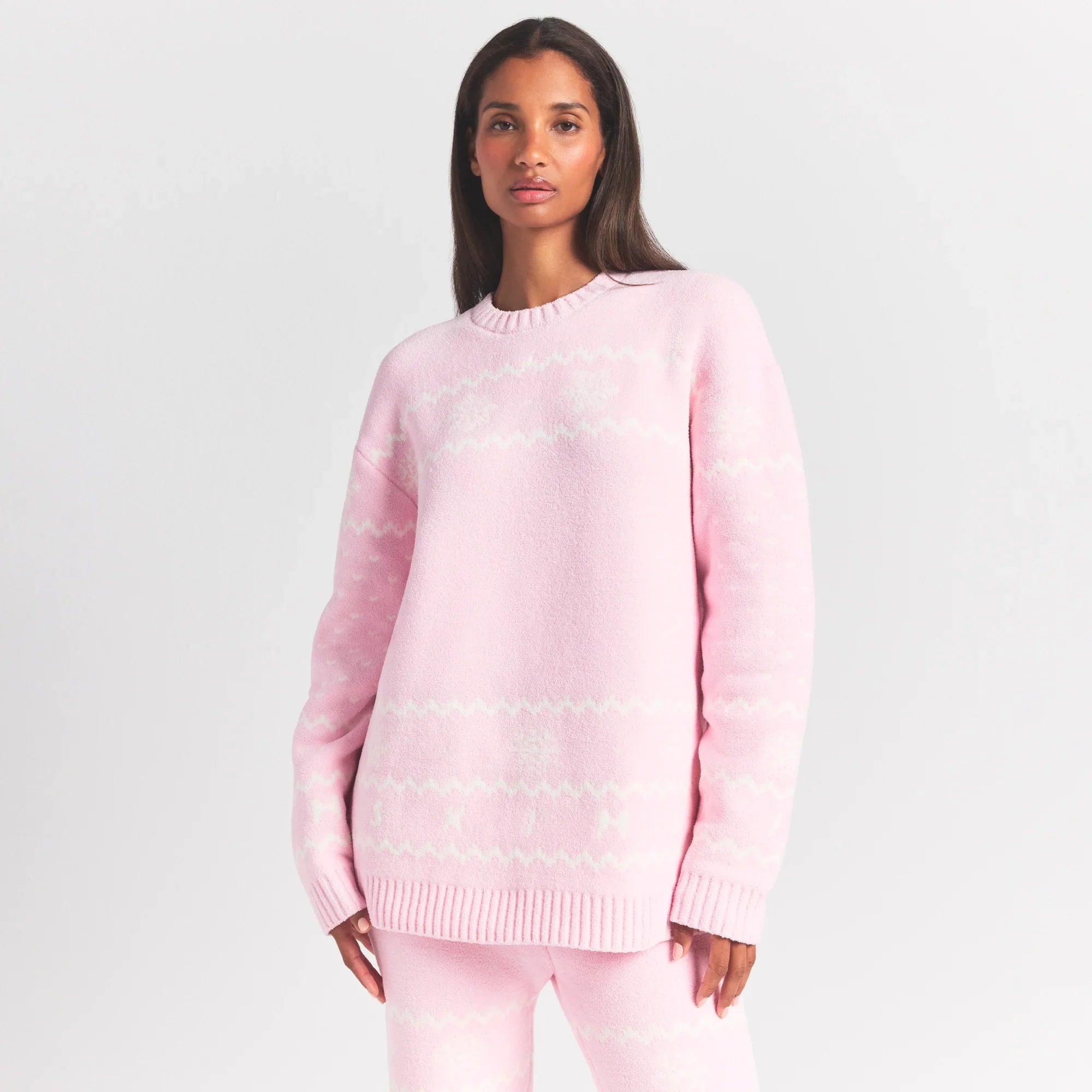 SKIMS COZY LIGHT CREWNECK PULLOVER | BABY PINK HEART FAIR ISLE - Sneaker Türkiye
