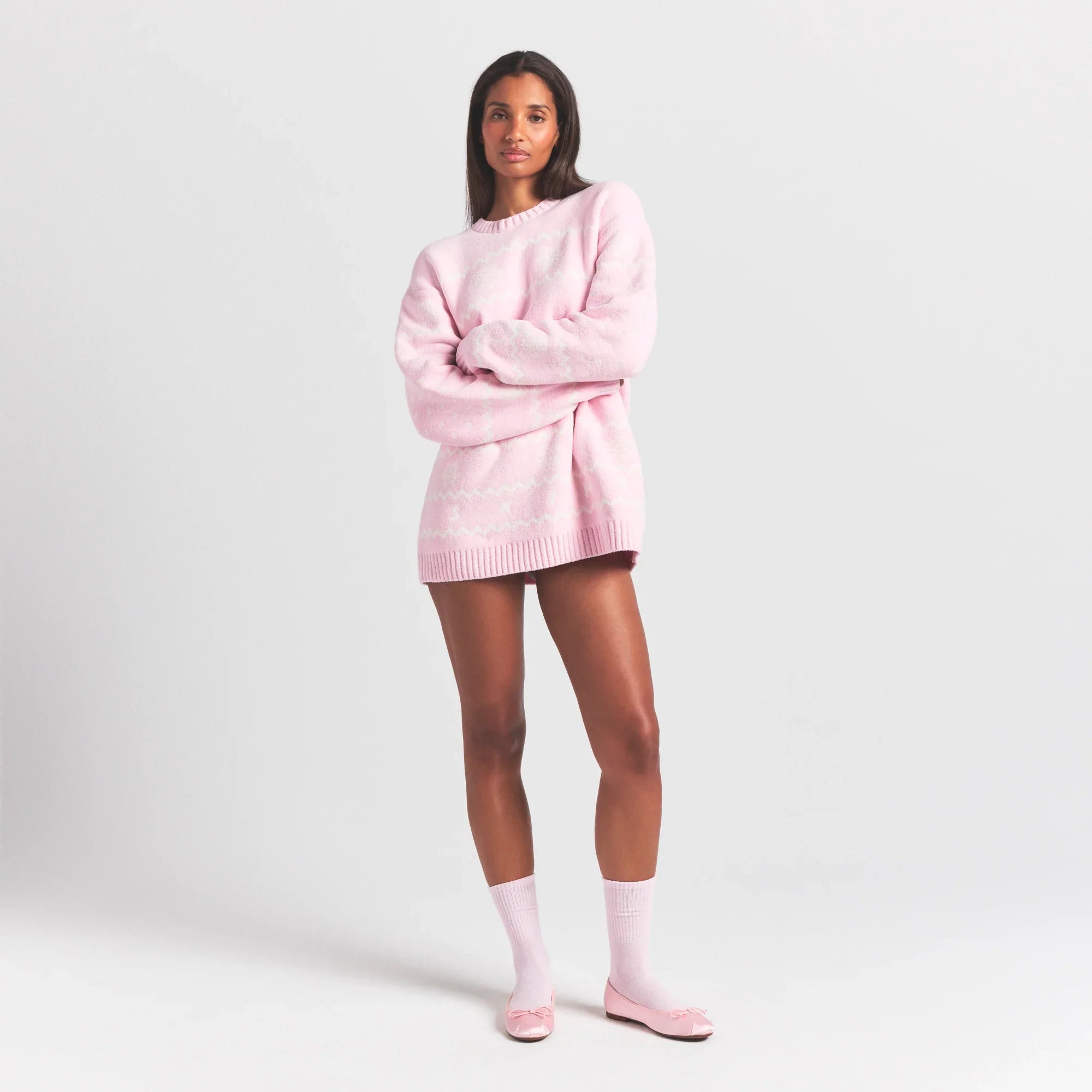 SKIMS COZY LIGHT CREWNECK PULLOVER | BABY PINK HEART FAIR ISLE - Sneaker Türkiye