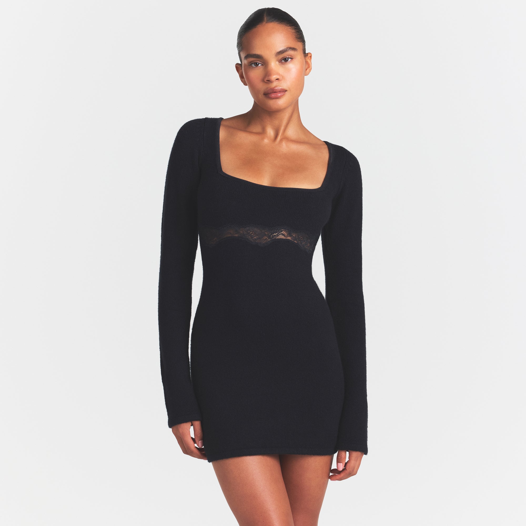 SKIMS LACE KNIT LONG SLEEVE MINI DRESS | OBSIDIAN - Sneaker Türkiye