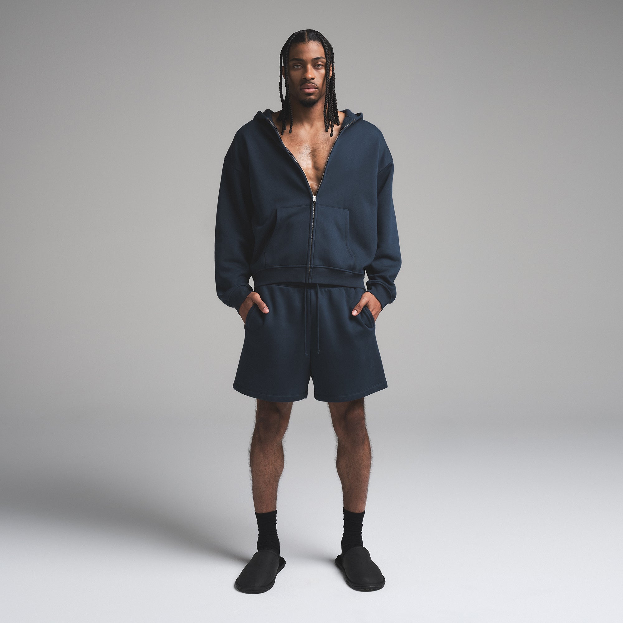 SKIMS FLEECE LOUNGE MENS RELAXED ZIP UP HOODIE | NAVY - Sneaker Türkiye