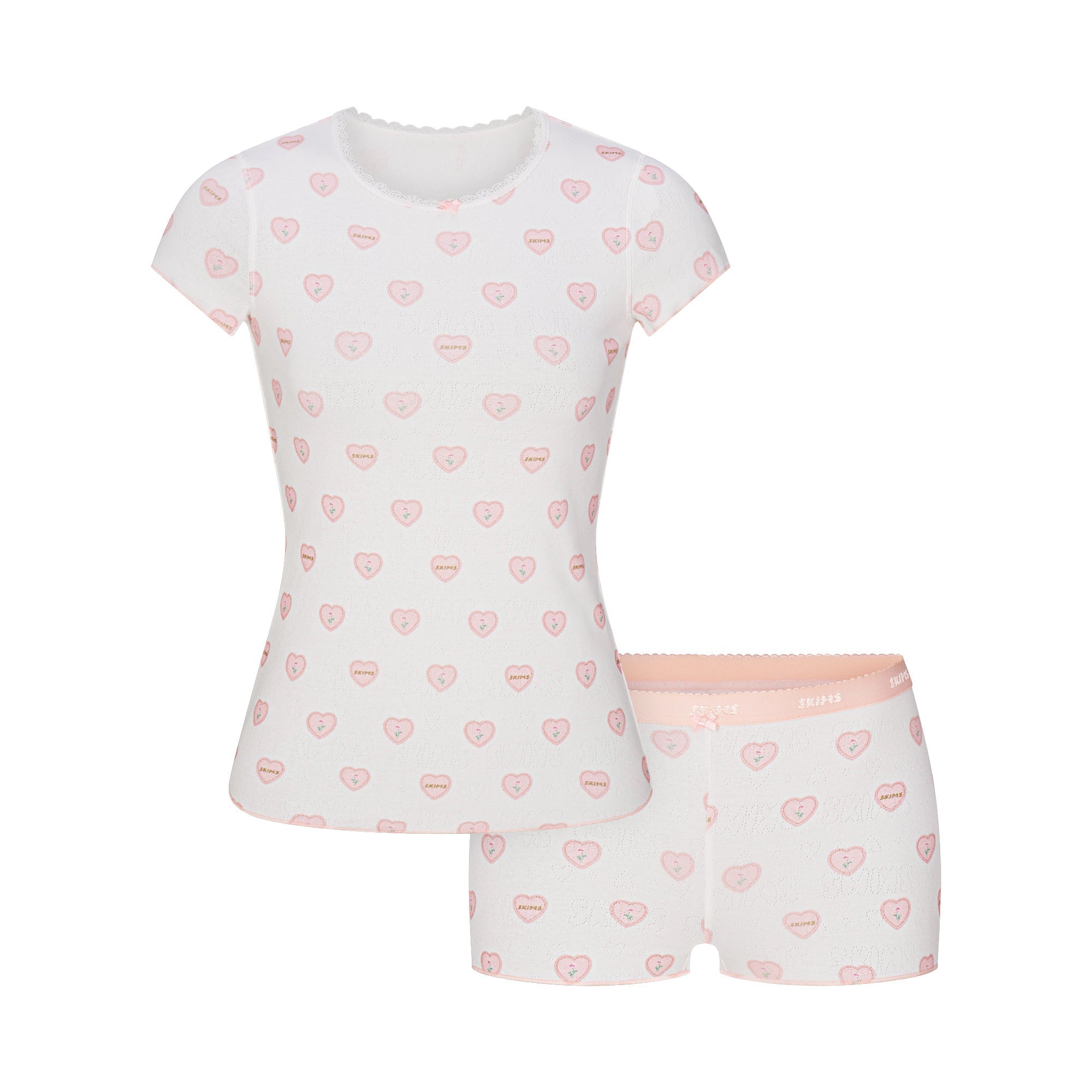 SKIMS LOGO POINTELLE BABY TEE AND MICRO SHORT SET | SNOW LACE HEARTS - Sneaker Türkiye