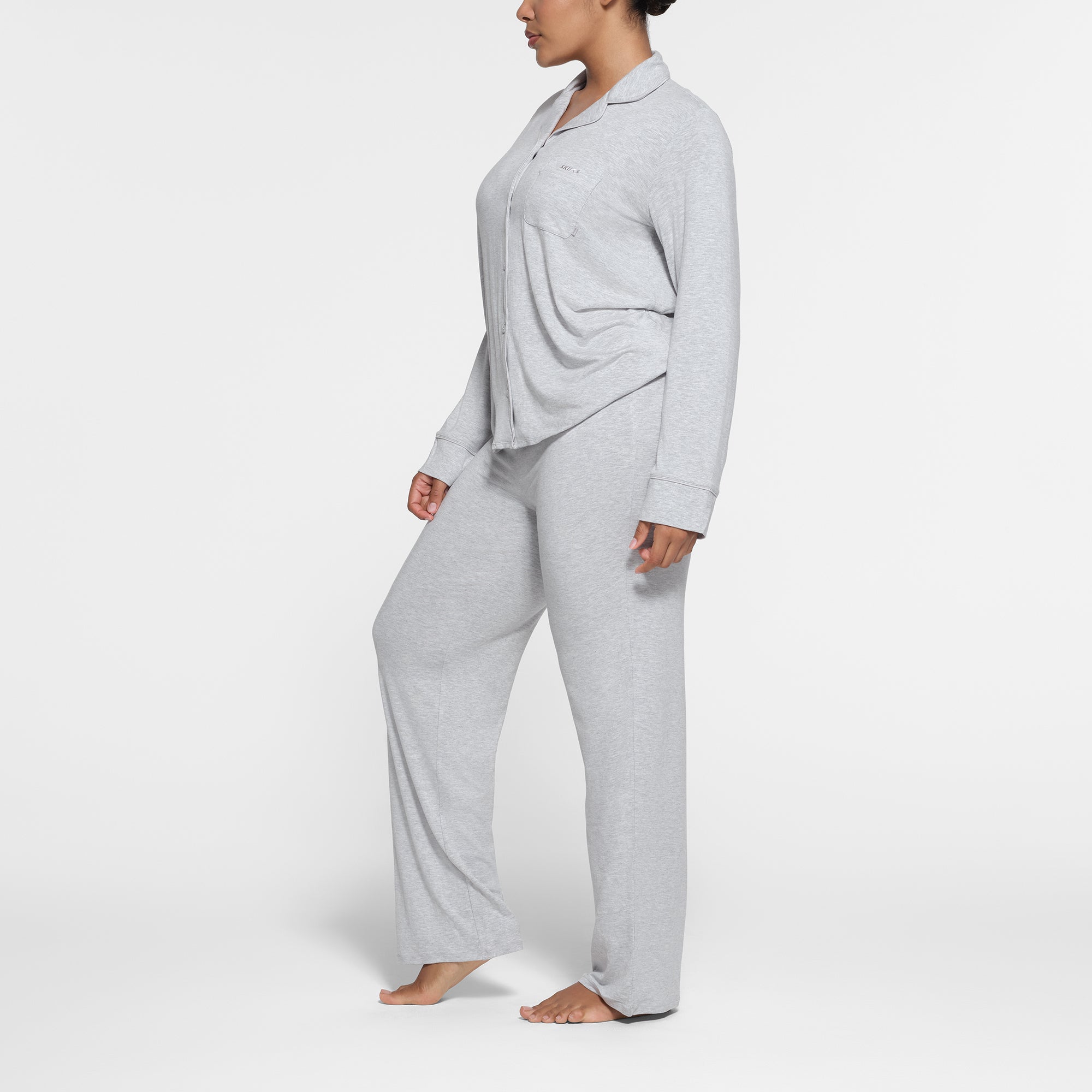 SKIMS SLEEP LONG SLEEVE BUTTON UP SET | LIGHT HEATHER GREY - Sneaker Türkiye
