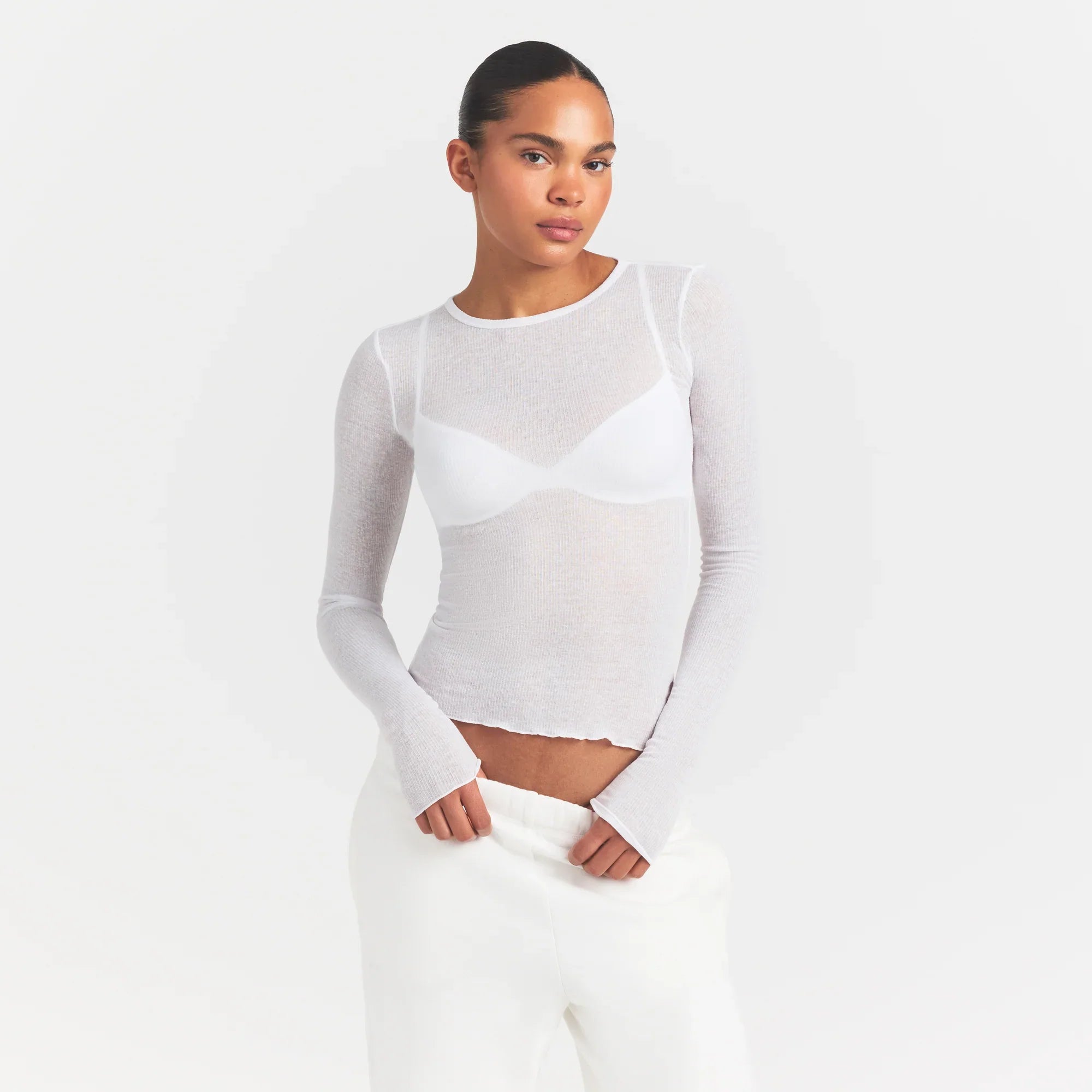 SKIMS SHEER RIB LONG SLEEVE TOP | SNOW - Sneaker Türkiye