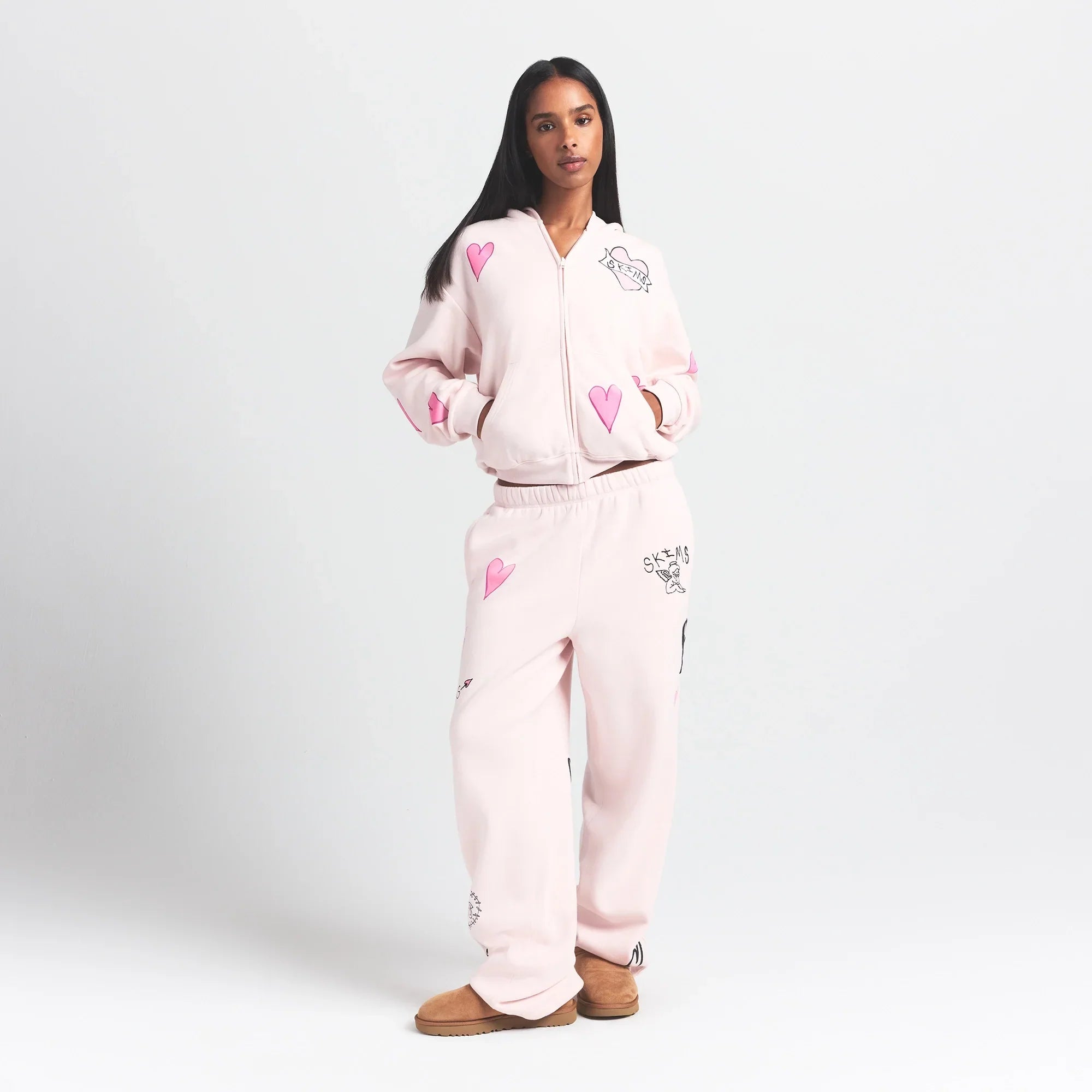 SKIMS COTTON FLEECE CLASSIC ZIP UP HOODIE | BARELY PINK HEART - Sneaker Türkiye