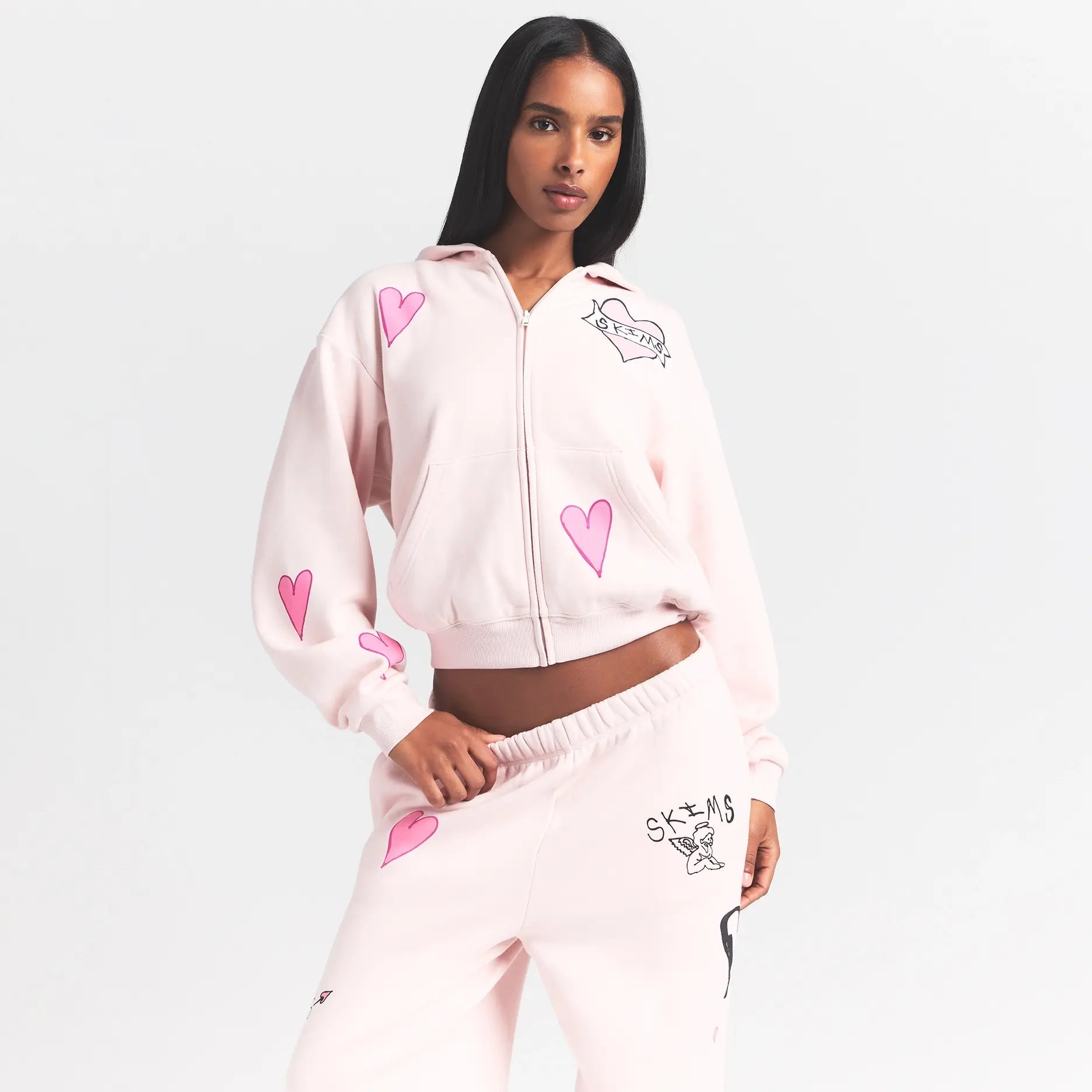 SKIMS COTTON FLEECE CLASSIC ZIP UP HOODIE | BARELY PINK HEART - Sneaker Türkiye